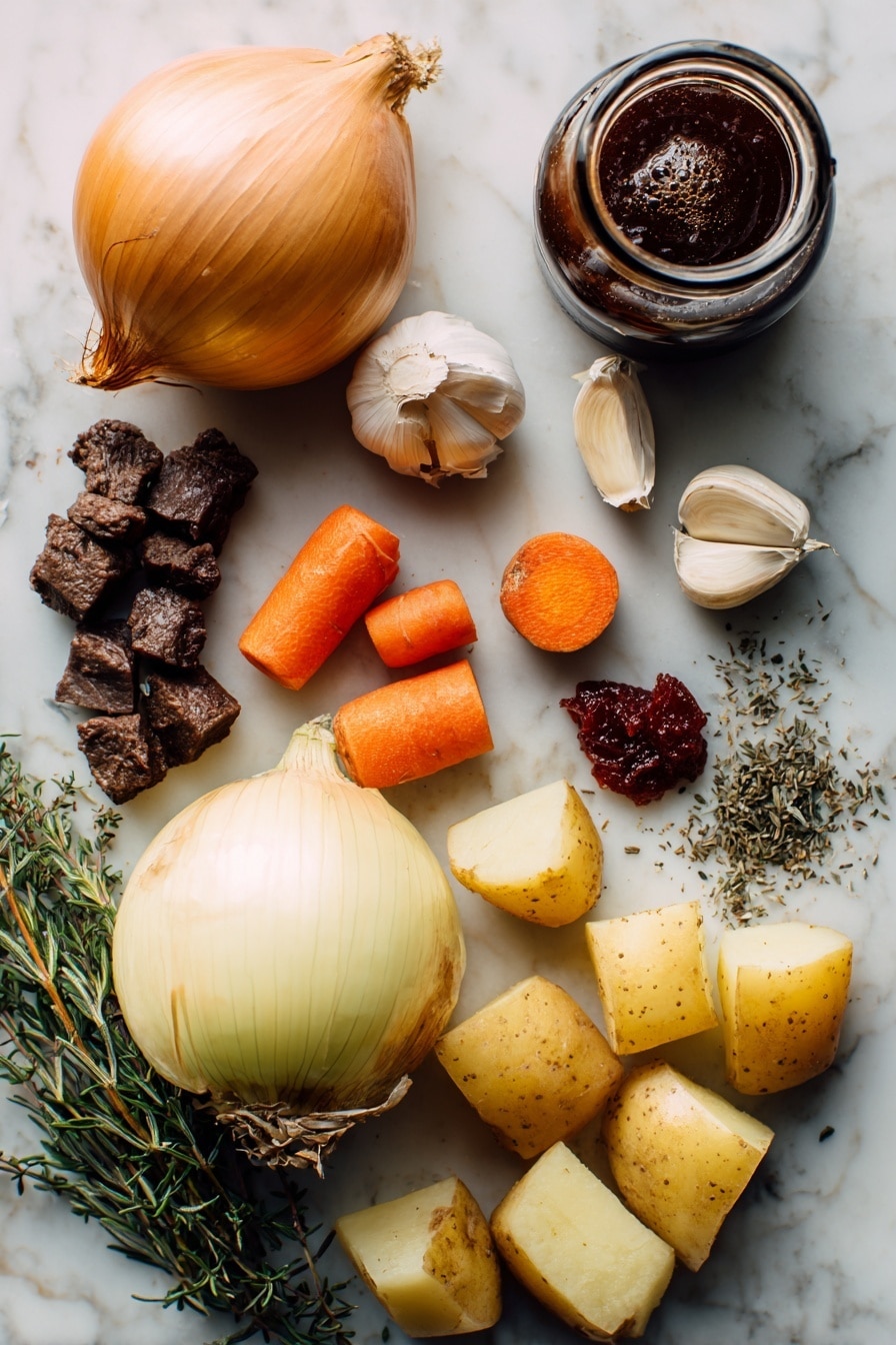 Vegan Irish Stew with Guinness and Gardein Beefless Tips, vegan Irish stew recipe, plant-based Irish stew with Guinness, vegan beefless tips stew, hearty vegan stew recipes - Flat lay of large sweet yellow onion with papery skin and some layers peeling, peeled orange carrots cut into chunks showing fresh texture, golden Yukon potatoes cut into rustic chunks with slightly rough skin edges, a small pile of dark brown Gardein beefless tips with a meaty texture, three peeled garlic cloves with a smooth white surface, dried rosemary and thyme sprigs scattered loosely with green-gray hues, a small heap of deep red tomato paste, and a glossy bottle of dark brown stout beer partially visible, all arranged naturally with some herbs overlapping the vegetables, placed on white marbled surface, photo taken with an iphone --ar 2:3 --v 7