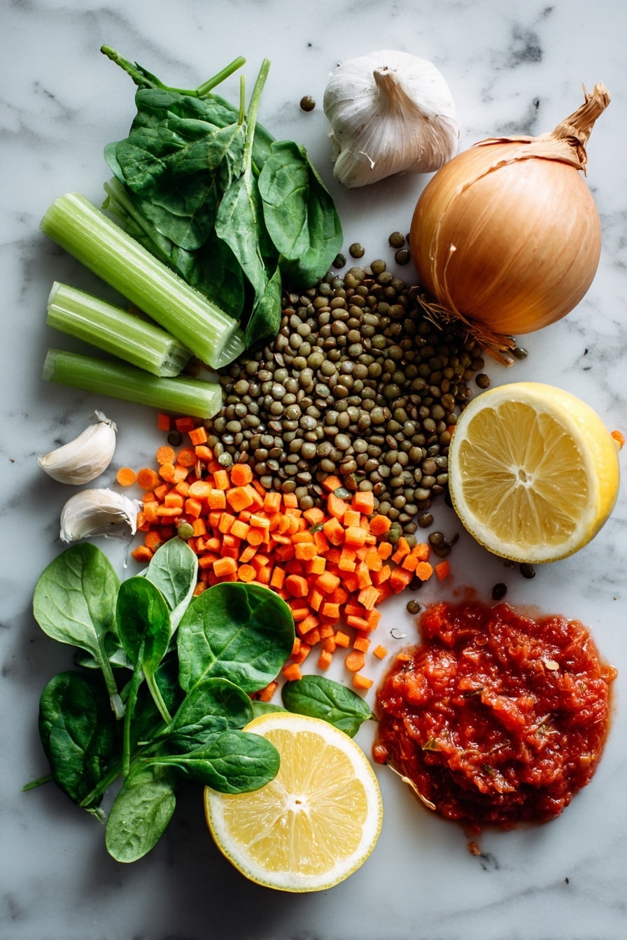 The Best Lentil Soup, hearty lentil soup, healthy lentil soup recipe, easy lentil soup, comforting soup recipes - Flat lay of fresh green and brown lentils scattered beside bright orange chopped carrots and light green celery ribs, a whole medium onion with its papery skin partially peeled back, three plump garlic cloves with smooth white skins, a handful of vibrant baby spinach leaves showing deep green shades and delicate veins, a bright yellow lemon cut in half revealing juicy segments, and a small pile of rich red crushed tomatoes with visible seeds and pulp, all naturally arranged with soft natural light highlighting their varied textures and colors, placed on white marbled surface, photo taken with an iphone --ar 2:3 --v 7