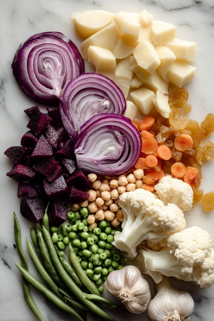 Vegan Biryani, easy vegan Indian dishes, plant-based rice recipes, vegetarian biryani ideas, wholesome vegan meals - Flat lay of fresh red onion thinly sliced with deep purple and white layers, peeled orange carrot slices cut diagonally showing vibrant texture, pale yellow Yukon gold potato chunks with smooth skin, creamy white cauliflower florets with natural curvy shapes, bright green frozen peas and green beans adding crisp freshness, light beige chickpeas with a round, matte surface, small golden raisins scattered for a touch of sweetness, fresh ginger root with knobby, light brown skin and fibrous texture, and plump garlic cloves with papery white skin arranged naturally in clusters, placed on white marbled surface, photo taken with an iphone --ar 2:3 --v 7