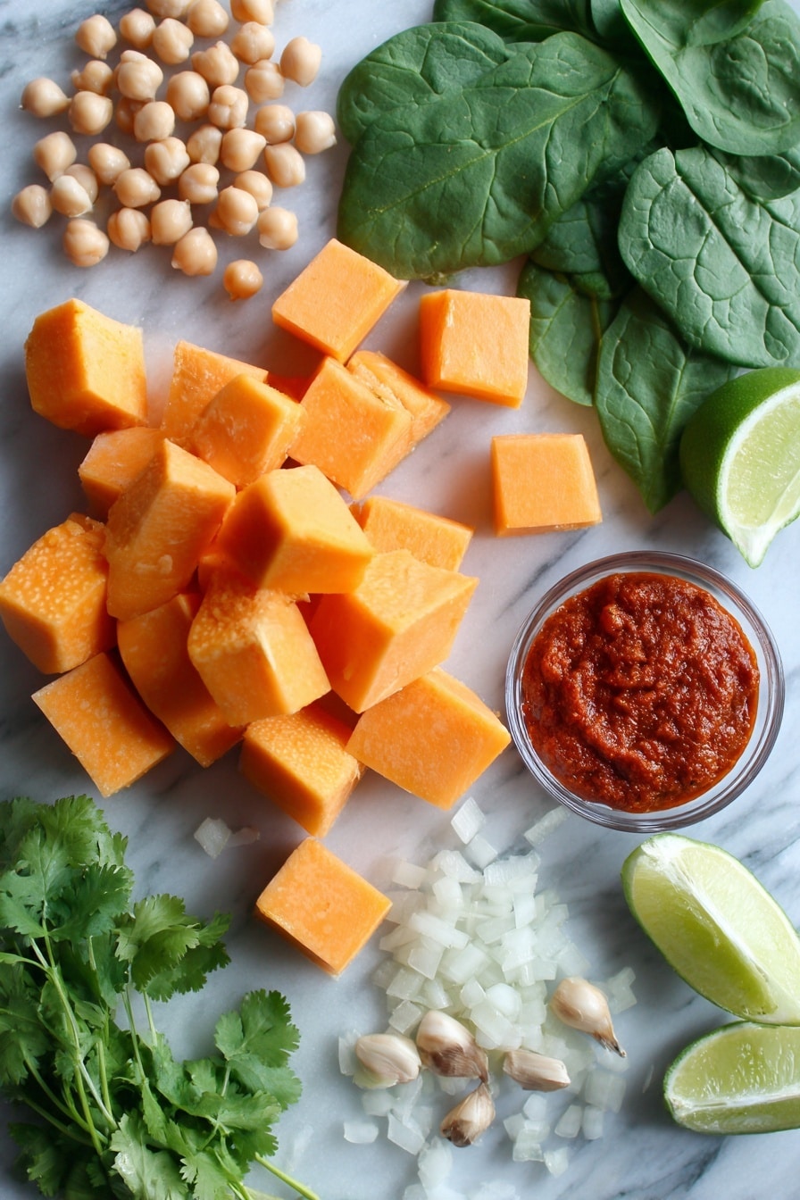 Butternut Squash Curry with Chickpeas, healthy butternut squash curry, vegan chickpea curry recipe, easy vegetable curry, cozy fall dinner ideas - Flat lay of vibrant orange butternut squash cubes with smooth, matte skin, plump light beige chickpeas, bright green baby spinach leaves with delicate veins, a small pile of finely diced translucent sweet onion, pale beige garlic cloves with papery texture, fresh ginger root showing its knobby light brown skin and creamy interior, vivid deep red curry paste dollops with a glossy texture, shiny fresh lime wedges revealing juicy, bright green flesh, and a small bunch of leafy cilantro with rich green hues and feathery edges, all beautifully arranged with natural spacing and slight overlaps, placed on white marbled surface, photo taken with an iphone --ar 2:3 --v 7