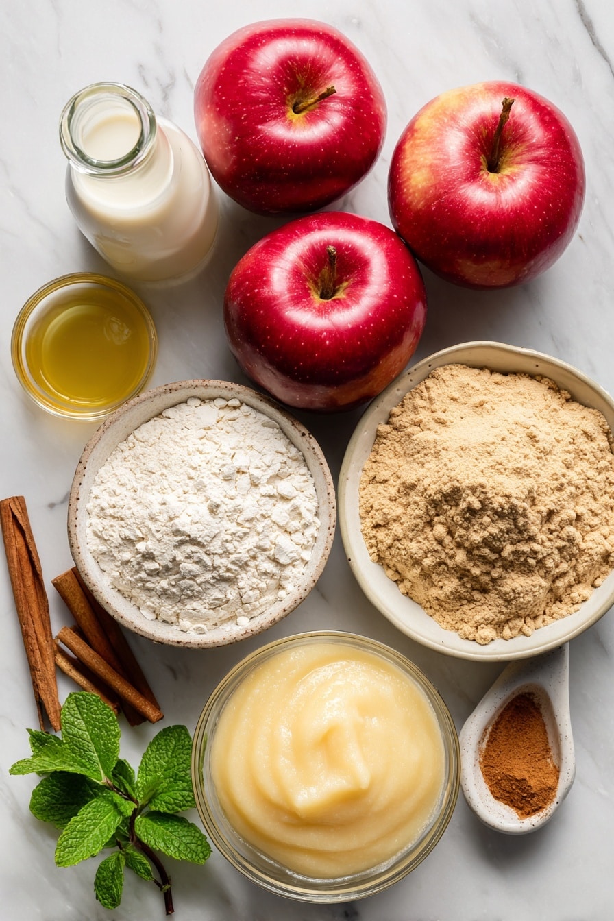 Vegan Apple Cider Donuts, vegan fall donuts, vegan apple cider treats, easy vegan donut recipe, cozy fall dessert - Flat lay of fresh red apples with smooth, shiny skin, a small bowl of golden apple cider, a jar of light brown ground cinnamon powder with a soft texture, a mound of whole wheat pastry flour in fine, powdery heaps, creamy off-white soy milk in a glass bottle, a scoop of golden yellow vegan butter with a slightly glossy surface, and a bowl of smooth, pale applesauce with a soft, thick texture, beautifully arranged with a few cinnamon sticks and a sprig of fresh green mint for color contrast, placed on white marbled surface, photo taken with an iphone --ar 2:3 --v 7
