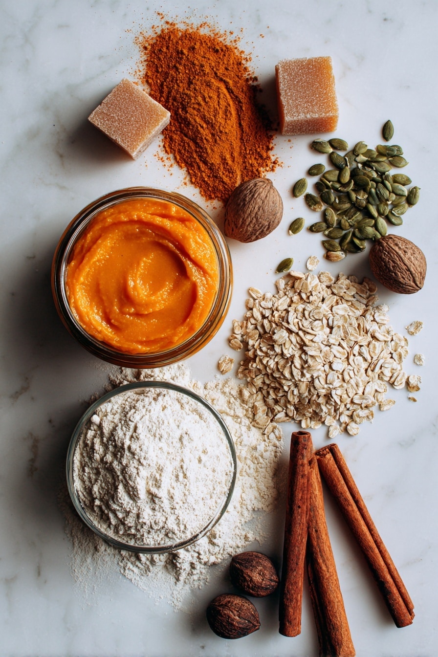 Vegan Pumpkin Bread, Pumpkin Bread without Eggs, Fall Vegan Baking, Moist Vegan Pumpkin Loaf, Easy Vegan Pumpkin Bread - Flat lay of bright orange canned pumpkin puree in a glass jar, warm brown sugar crystals in a small heap, glossy green pepitas scattered artistically, light beige ground flaxseeds forming a small mound, a smooth carton of creamy soy milk with a gentle shine, cinnamon sticks with their rich reddish-brown bark, nutmeg seeds showing their rough textured surface, and raw all-purpose flour softly dusted in a pile, all arranged naturally with some ingredients overlapping slightly, placed on white marbled surface, photo taken with an iphone --ar 2:3 --v 7