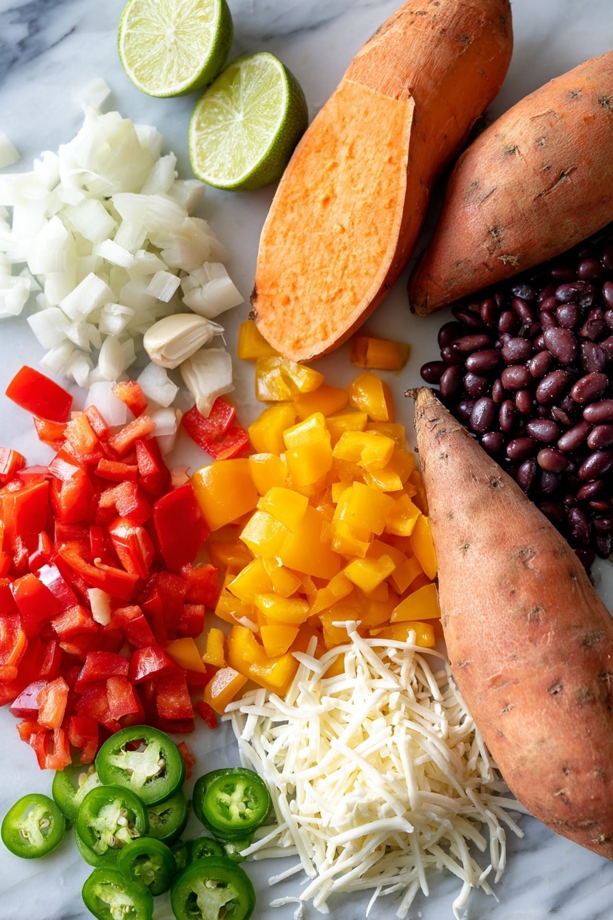 Loaded Sweet Potato Skins, sweet potato skins appetizer, vegan loaded sweet potato skins, healthy sweet potato snacks, spicy sweet potato skins - Flat lay of three vibrant orange sweet potatoes with textured skins, a small pile of finely chopped white onions, two cloves of peeled garlic showing their smooth, creamy surface, bright red diced tomatoes with juicy flesh, colorful mixed bell pepper pieces in red, yellow, and green, a heap of shiny black beans with a glossy finish, scattered shreds of creamy white vegan mozzarella cheese, a halved lime showing its fresh green interior, and small bright green jalapeño slices with seeds visible, all naturally arranged with slight overlaps and shadows, placed on white marbled surface, photo taken with an iphone --ar 2:3 --v 7