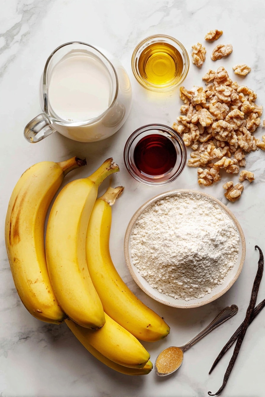 Quick & Easy Vegan Banana Muffins, vegan banana muffins, healthy vegan muffins, fluffy banana muffins, quick vegan baking - Flat lay of ripe yellow bananas with smooth peels, a small pile of golden brown chopped walnuts showing their rough texture, a glass jug of creamy white non-dairy milk, a small heap of white all-purpose flour dusted softly, a mound of light brown granulated sugar with sparkling crystals, a dark amber bottle of vanilla extract catching the light, and a spoonful of golden canola oil glistening slightly, all naturally arranged with a touch of green from fresh vanilla beans or cinnamon sticks for contrast, placed on white marbled surface, photo taken with an iphone --ar 2:3 --v 7