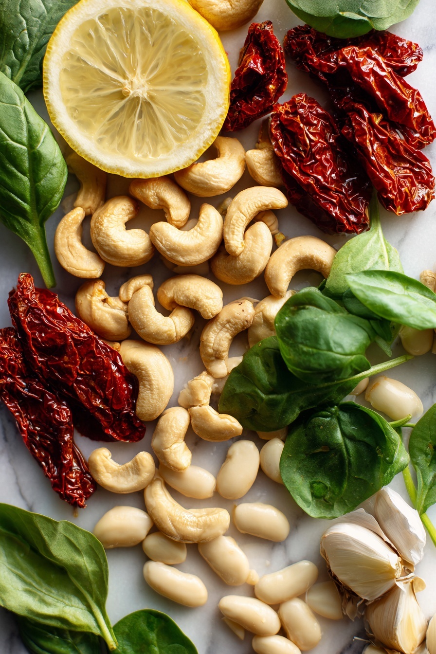 Creamy Sun Dried Tomato Butter Beans with Basil and Spinach, Sun Dried Tomato Butter Beans Vegan, Healthy Creamy Bean Recipes, Easy Vegetarian Bean Dishes, Nutritious Plant-Based Meals - Flat lay of raw cashews with their smooth, creamy texture nestled beside bright red sun dried tomatoes with a wrinkled, glossy surface, fresh deep green basil leaves with delicate veins, whole garlic cloves showing their papery white skin, vibrant baby spinach leaves with a soft, leafy texture, pale ivory butter beans with a plump and matte finish, and a fresh lemon sliced to reveal its juicy, bright yellow interior, arranged naturally with some overlapping and others spaced evenly, placed on white marbled surface, photo taken with an iphone --ar 2:3 --v 7