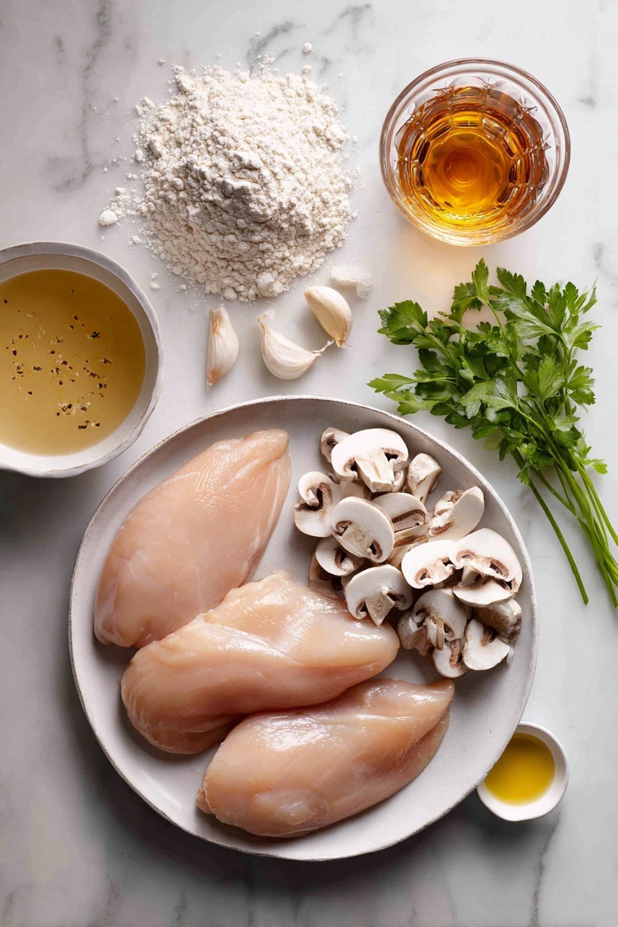 Chicken Marsala, Classic Chicken Marsala, Chicken Marsala recipe, Easy Chicken Marsala, Chicken Marsala dinner - Flat lay of four thin boneless skinless chicken breasts, a small mound of all-purpose flour on a shallow white plate, a few cloves of garlic peeled and minced, a handful of sliced white and cremini mushrooms, a small bunch of fresh parsley with some leaves minced, a glass partially filled with amber Marsala wine, a small bowl of light chicken broth, two teaspoons of golden olive oil in a tiny dish, placed on a white marble surface, photo taken with an iphone --ar 2:3 --v 7