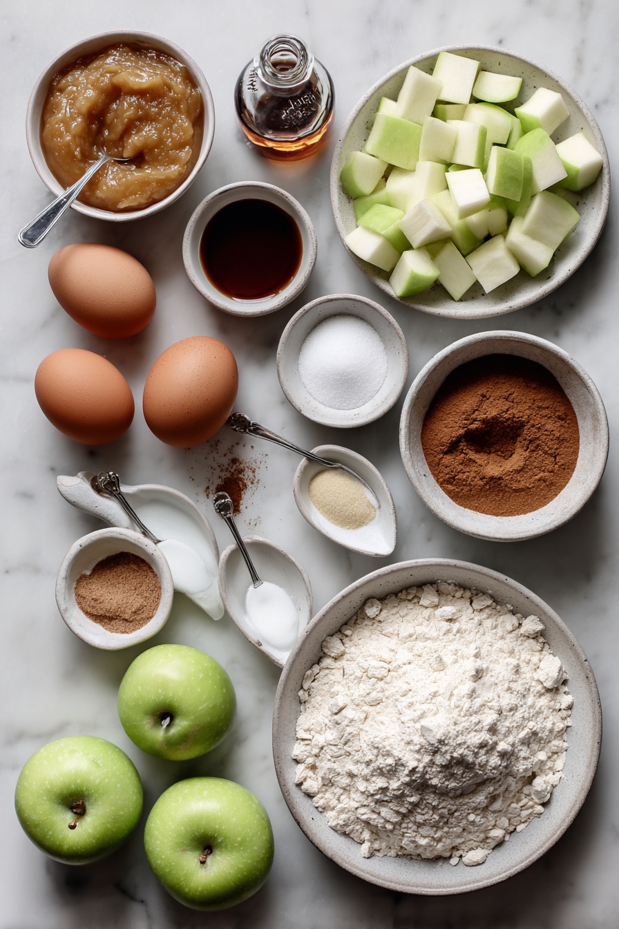 Moist Cinnamon Apple Bread, cinnamon apple bread, fall apple bread, moist apple bread, cozy cinnamon bread - Flat lay of a small bowl of unsweetened applesauce, three large brown eggs, a small glass bottle of vanilla extract, a small bowl of white granulated sugar, a small bowl of brown sugar, a medium pile of all-purpose flour, a few teaspoons of baking soda and salt in small ceramic spoons, two teaspoons of ground cinnamon scattered lightly, and a generous pile of diced green Granny Smith apples with some peeled apple halves placed nearby, arranged artfully on a white marble surface, photo taken with an iphone --ar 2:3 --v 7
