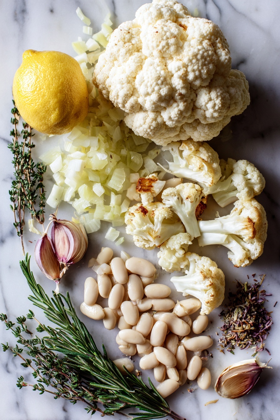 Roasted Cauliflower Soup, healthy roasted cauliflower soup, creamy cauliflower soup without dairy, cozy vegetable soup recipes, easy roasted cauliflower soup - Flat lay of a large head of cauliflower broken into florets, golden roasted cauliflower pieces, a medium yellow onion chopped into small chunks, peeled cloves of garlic, a small pile of rinsed white cannellini beans, dried sprigs of thyme and rosemary, and a fresh lemon sliced in half, all beautifully arranged with natural light highlighting their colors and textures, placed on a white marble surface, photo taken with an iphone --ar 2:3 --v 7
