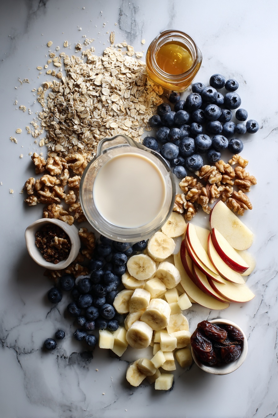 Simple Vegan Overnight Oats, vegan overnight oats, healthy breakfast ideas, quick vegan breakfast, customizable overnight oats - Flat lay of rolled oats, a glass of creamy vanilla soy milk, fresh blueberries, sliced banana, diced apples, chopped dates, walnut halves, and a small jar of golden maple syrup beautifully arranged on a white marble surface, photo taken with an iphone --ar 2:3 --v 7