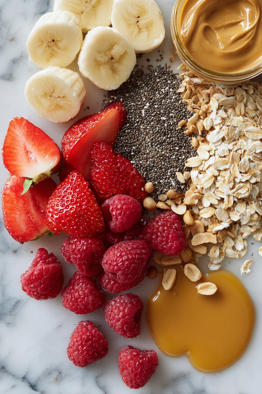 Peanut Butter Overnight Oats, healthy breakfast ideas, easy overnight oats, quick morning meal, creamy peanut butter oats - Flat lay of creamy peanut butter in smooth dollops, a neat pile of rolled oats, glossy chia seeds scattered artistically, a small pool of golden maple syrup, fresh ripe strawberries sliced to reveal their vibrant red interiors, plump raspberries with delicate texture, fresh banana slices with soft yellow tones, and a handful of chopped peanuts adding crunch and contrast, all placed on a white marble surface, photo taken with an iphone --ar 2:3 --v 7