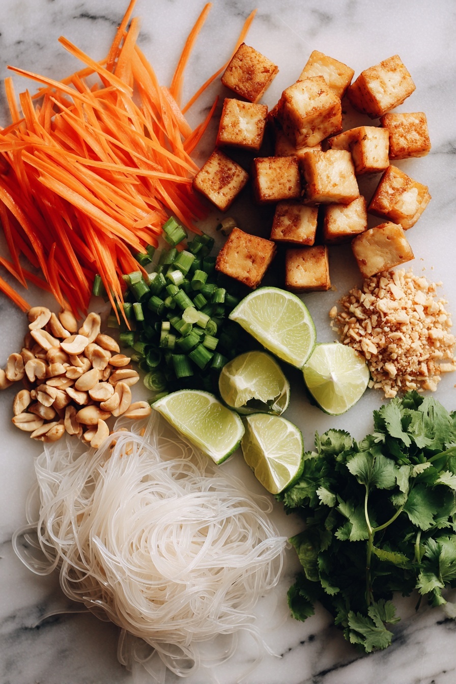 Vegan Pad Thai, Vegan Pad Thai noodles, Plant-based Pad Thai, Vegan Thai stir-fry, Vegan noodle recipes - Flat lay of golden crispy tofu cubes, bright orange julienne carrots, fresh green chopped scallions, vibrant lime wedges, fresh green cilantro leaves, crunchy light brown crushed peanuts, white mung bean sprouts, and pale translucent stir fry rice noodles, all beautifully arranged on a white marble surface, photo taken with an iphone --ar 2:3 --v 7