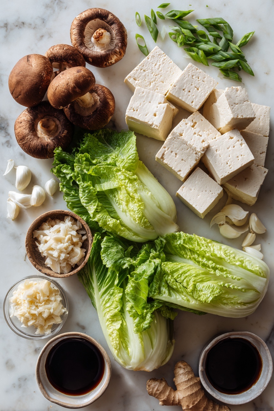 Tofu Lettuce Wraps, healthy tofu lettuce wraps, vegan lettuce wraps, easy tofu wraps, crispy tofu recipes - Flat lay of firm tofu blocks, fresh butter lettuce leaves separated in clusters, whole cremini mushrooms with rich brown caps, chopped water chestnuts showing their crunchy white interior, bright green sliced spring onions, peeled garlic cloves, a small pile of fresh grated ginger, and a small dish of dark hoisin sauce, all beautifully arranged on a white marble surface, photo taken with an iphone --ar 2:3 --v 7