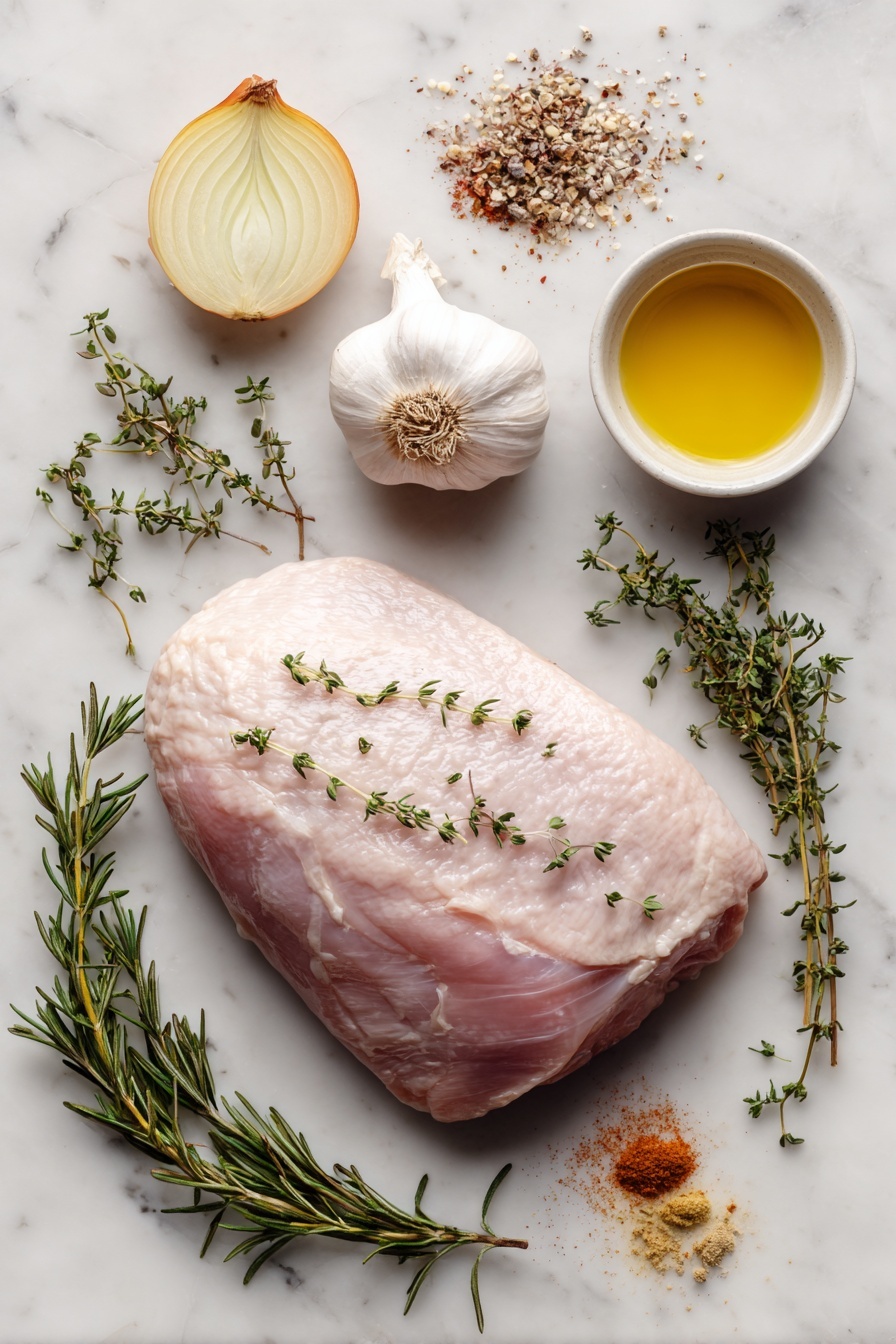 Slow Cooker Turkey Breast with Herb Seasoning and Garlic Onions, turkey breast slow cooker recipe, easy slow cooker turkey, tender turkey breast recipe, herb turkey breast slow cooker - Flat lay of a raw boneless turkey breast surrounded by fresh sprigs of thyme and rosemary, a head of garlic halved horizontally showing its cloves, a yellow onion cut in half revealing its layers, small piles of garlic powder, paprika, and onion powder, and a small pool of golden olive oil, placed on a white marble surface, photo taken with an iphone --ar 2:3 --v 7