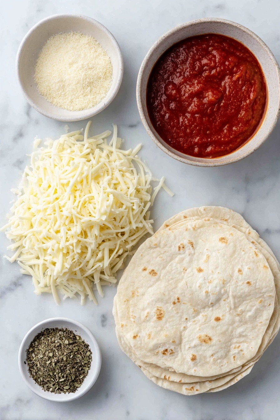 Air Fryer Pizza Rolls, pizza rolls, easiest snack ideas, quick party appetizers, healthy snack recipes - Flat lay of two whole wheat tortillas stacked slightly offset, a small white ceramic bowl filled with shredded mozzarella cheese, another small white ceramic bowl containing rich red marinara sauce, a small white ceramic bowl with a heap of dried oregano, a small white ceramic bowl with dried basil leaves, and a small white ceramic bowl holding fine garlic powder, all arranged in perfect symmetry on a clean white marble surface, soft natural light, photo taken with an iPhone, professional food photography style, fresh ingredients, white ceramic bowls, no bottles, no duplicates, no utensils, no packaging --ar 2:3 --v 7 --p awthu7i m7354615311229779997