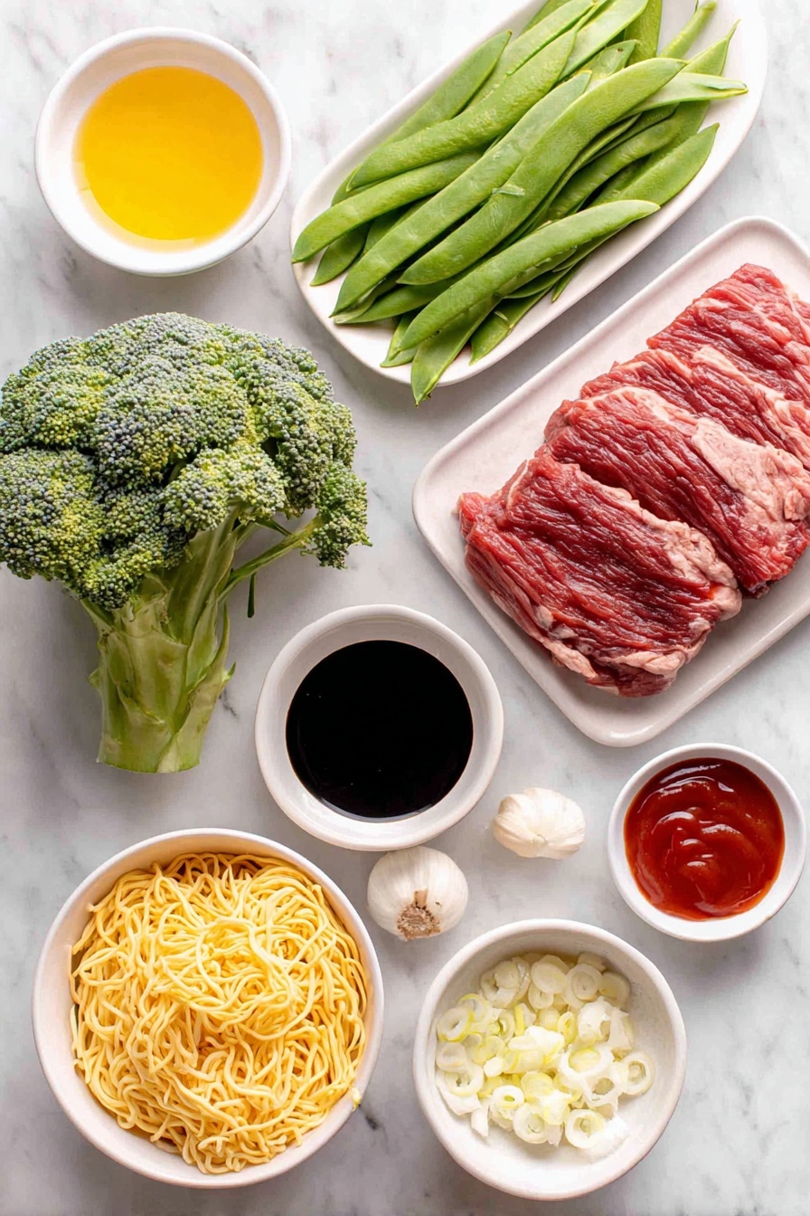 Sticky Beef & Noodles, Beef and Noodles dinner, One Pan beef stir-fry, Quick beef noodle recipe, Easy weeknight beef dishes - Flat lay of a small white ceramic bowl of sunflower oil, thin strips of raw steak with fat removed, a fresh head of broccoli with vibrant green florets, a handful of crisp mange tout (snow peas), a small pile of dried egg noodles, a small white bowl filled with crushed fresh ginger, a few whole uncracked cloves of garlic, a small white bowl of oyster sauce, a small white bowl of dark soy sauce, a small white bowl of honey, a small white bowl of tomato ketchup, and several fresh spring onions trimmed and sliced, all arranged with perfect symmetry and balanced proportions on a clean white marble surface, soft natural light, photo taken with an iPhone, professional food photography style, fresh ingredients, white ceramic bowls, no bottles, no duplicates, no utensils, no packaging --ar 2:3 --v 7 --p awthu7i m7354615311229779997