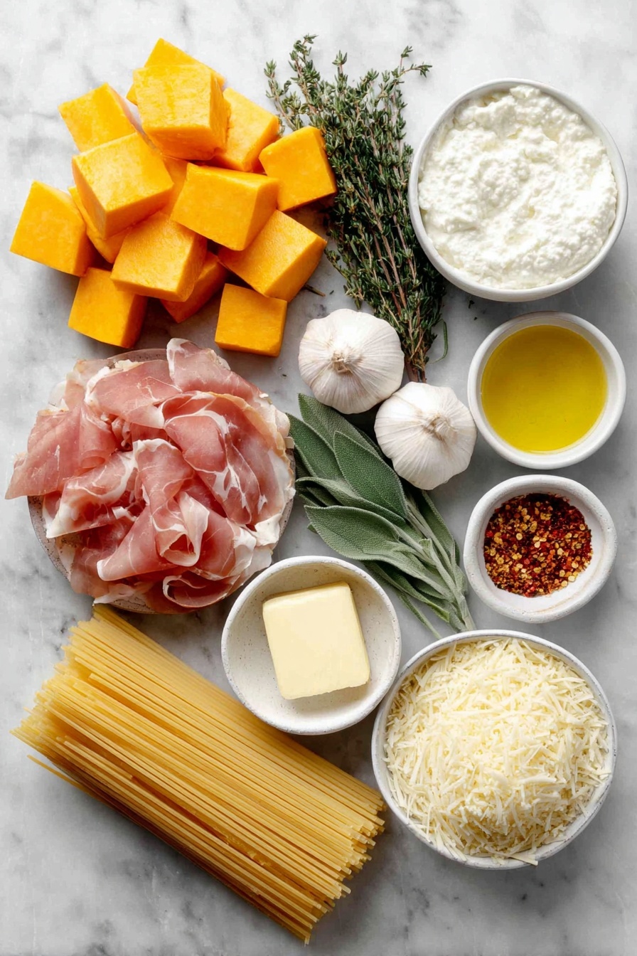 Creamy Roasted Garlic Butternut Squash Pasta, healthy vegetarian pasta, fall dinner recipes, easy seasonal pasta ideas, comforting squash pasta dish - Flat lay of a small pile of cubed fresh butternut squash with deep orange color, several whole garlic cloves with papery skins intact, a few sprigs of fresh thyme with tiny green leaves, a small bunch of bright green fresh rosemary sprigs, a neat pile of thin slices of pink prosciutto, a small white ceramic bowl filled with creamy white ricotta cheese, a small white bowl holding golden extra virgin olive oil, a small white bowl containing salted butter pat, a few fresh sage leaves in a small white bowl, a small white bowl with shredded pale yellow gouda cheese, a small white bowl with finely grated parmesan cheese, a small white bowl with crushed red pepper flakes, a few whole uncracked brown eggs, and a neat bundle of uncooked linguine pasta with a pale yellow hue, all arranged symmetrically on a clean white marble surface, soft natural light, photo taken with an iPhone, professional food photography style, fresh ingredients, white ceramic bowls, no bottles, no duplicates, no utensils, no packaging --ar 2:3 --v 7 --p awthu7i m7354615311229779997