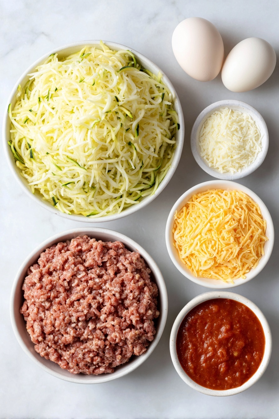 Cheesy Zucchini Pizza Casserole, zucchini casserole with cheese, homemade pizza casserole, cheesy vegetable bake, easy zucchini recipe - Flat lay of shredded unpeeled zucchini heaped in a simple white ceramic bowl, a small white bowl of fine salt crystals, two large whole uncracked eggs with clean shells, a small white bowl filled with finely grated pale Parmesan cheese, a small white bowl of shredded white mozzarella cheese, a small white bowl of shredded orange cheddar cheese, a mound of raw ground beef, a small pile of chopped white onion, two peeled garlic cloves, a small white bowl of smooth rich red tomato sauce, all arranged with perfect symmetry and balanced proportions, placed on a clean white marble surface, soft natural light, photo taken with an iPhone, professional food photography style, fresh ingredients, white ceramic bowls, no bottles, no duplicates, no utensils, no packaging --ar 2:3 --v 7 --p awthu7i m7354615311229779997