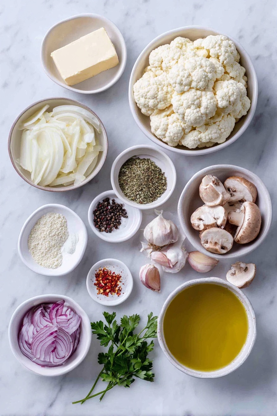 Mushroom Cauliflower Skillet, Mushroom Cauliflower Stir Fry, Easy Mushroom Cauliflower Side Dish, Healthy Mushroom Cauliflower Recipe, Quick Mushroom Cauliflower Meals - Flat lay of a small white ceramic bowl of unsalted butter, a small white ceramic bowl of olive oil, a few thin slices of fresh onion arranged neatly, fresh cauliflower cut into small florets, whole cremini mushrooms halved and quartered, a small white ceramic bowl with dried Italian seasoning, a small white ceramic bowl of coarse salt, a small white ceramic bowl of black peppercorns, a small white ceramic bowl of vegetable broth, three whole garlic cloves, a small white ceramic bowl of red pepper flakes, and a few sprigs of fresh parsley placed on a clean white marble surface, soft natural light, photo taken with an iPhone, professional food photography style, fresh ingredients, white ceramic bowls, no bottles, no duplicates, no utensils, no packaging --ar 2:3 --v 7 --p awthu7i m7354615311229779997