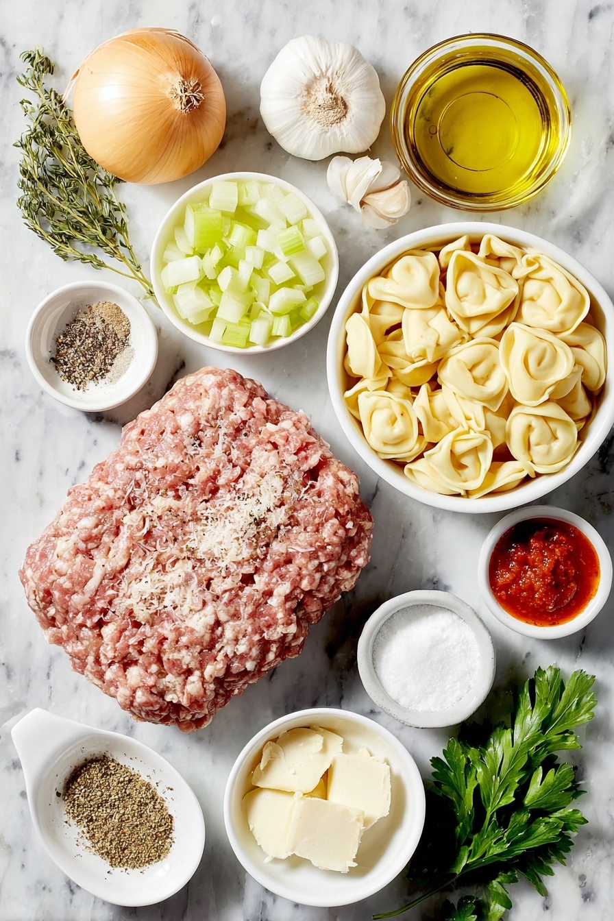 Creamy Tortellini Soup with Italian Sausage, Italian sausage tortellini soup, creamy Italian sausage soup recipe, hearty tortellini soup, easy sausage tortellini dinner - Flat lay of a small mound of raw mild Italian sausage, a diced yellow onion, two diced celery stalks, two peeled and diced large carrots, three peeled garlic cloves, a small white bowl of coarse kosher sea salt, a small white bowl of ground black pepper, a small white bowl of mixed Italian seasoning, a small white bowl of crushed fennel seeds, a small white bowl with a dollop of rich red tomato paste, a small white bowl of dry white wine, a small white bowl of all-purpose flour, a small white bowl of golden chicken broth, fresh refrigerated cheese tortellini, a small white bowl of creamy half and half, a small handful of fresh chopped spinach, fresh parmesan wedge, and a few sprigs of fresh parsley placed on a clean white marble surface, soft natural light, photo taken with an iPhone, professional food photography style, fresh ingredients, white ceramic bowls, no bottles, no duplicates, no utensils, no packaging --ar 2:3 --v 7 --p awthu7i m7354615311229779997