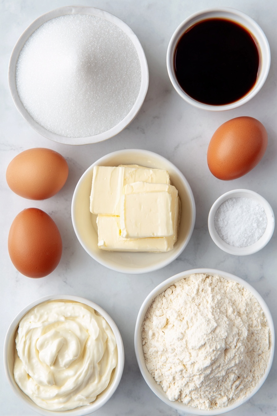 Creamy Butter Cake, buttery cake recipe, moist vanilla cake, classic cake with butter, fluffy butter cake - Flat lay of a small white ceramic bowl of granulated sugar, a small white ceramic bowl with softened unsalted butter, three whole brown eggs with clean shells, a small white ceramic bowl of pale vanilla extract, a small white ceramic bowl of sifted cake flour, a small white ceramic bowl containing baking powder, a small white ceramic bowl of fine salt, a small white ceramic bowl of thick sour cream, and a small white ceramic bowl with granulated sugar for topping, all arranged in perfect symmetry and balanced proportions, placed on a clean white marble surface, soft natural light, photo taken with an iPhone, professional food photography style, fresh ingredients, white ceramic bowls, no bottles, no duplicates, no utensils, no packaging --ar 2:3 --v 7 --p awthu7i m7354615311229779997