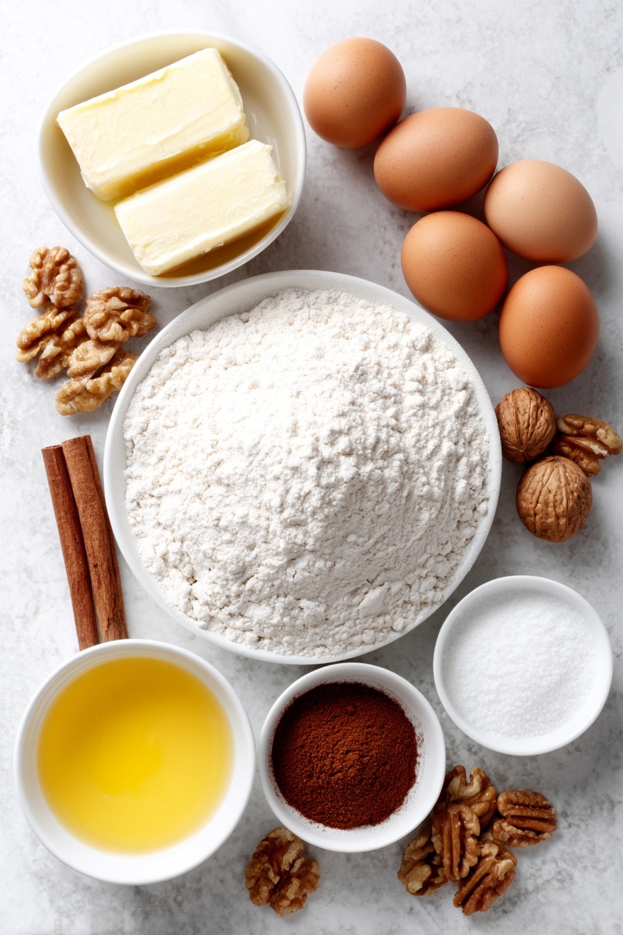 Gluten Free Greek Honey Cake, Greek Honey Cake, Gluten-Free Dessert, Honey Cake Recipe, Greek-Inspired Cake - Flat lay of a small mound of gluten free flour blend, a few scattered whole walnuts, a whole cinnamon stick, a small pile of ground cinnamon powder, three brown eggs with clean shells, a small white ceramic bowl with softened butter, a small white ceramic bowl of white sugar, a small white ceramic bowl of honey, a small white ceramic bowl of water, a small white ceramic bowl of fresh orange zest, a small white ceramic bowl of fresh lemon juice, a small white ceramic bowl of milk, placed on a clean white marble surface, soft natural light, photo taken with an iPhone, professional food photography style, fresh ingredients, white ceramic bowls, no bottles, no duplicates, no utensils, no packaging --ar 2:3 --v 7 --p m7354615311229779997