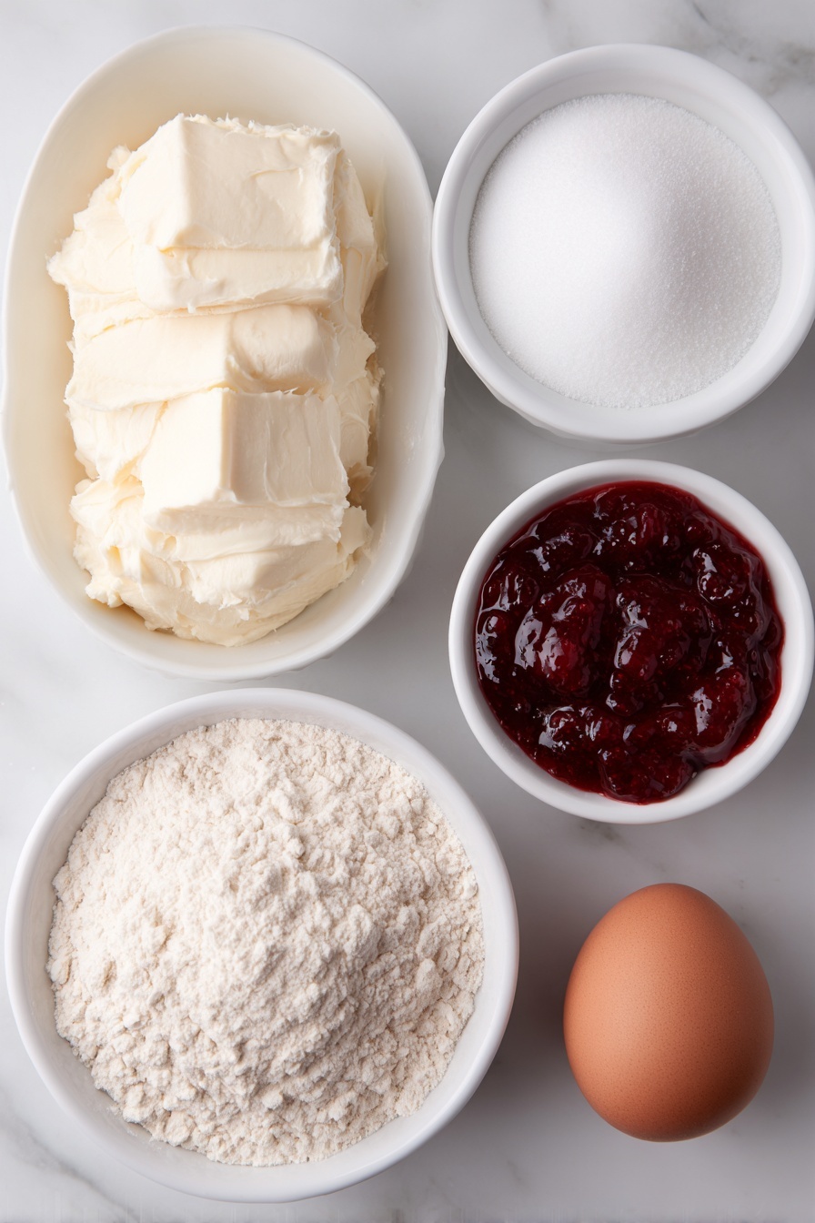 Raspberry Jam Bars, Five Ingredient Dessert, Easy Raspberry Bars, Simple Jam Bars, No-Bake Raspberry Treats - Flat lay of a small mound of unsalted butter softened to room temperature, a small white ceramic bowl filled with all-purpose flour, a small white ceramic bowl holding granulated sugar, one whole uncracked brown egg, and a small white ceramic bowl containing vibrant red seedless raspberry jam, all arranged with perfect symmetry and realistic proportions, placed on a clean white marble surface, soft natural light, photo taken with an iPhone, professional food photography style, fresh ingredients, white ceramic bowls, no bottles, no duplicates, no utensils, no packaging --ar 2:3 --v 7 --p m7354615311229779997