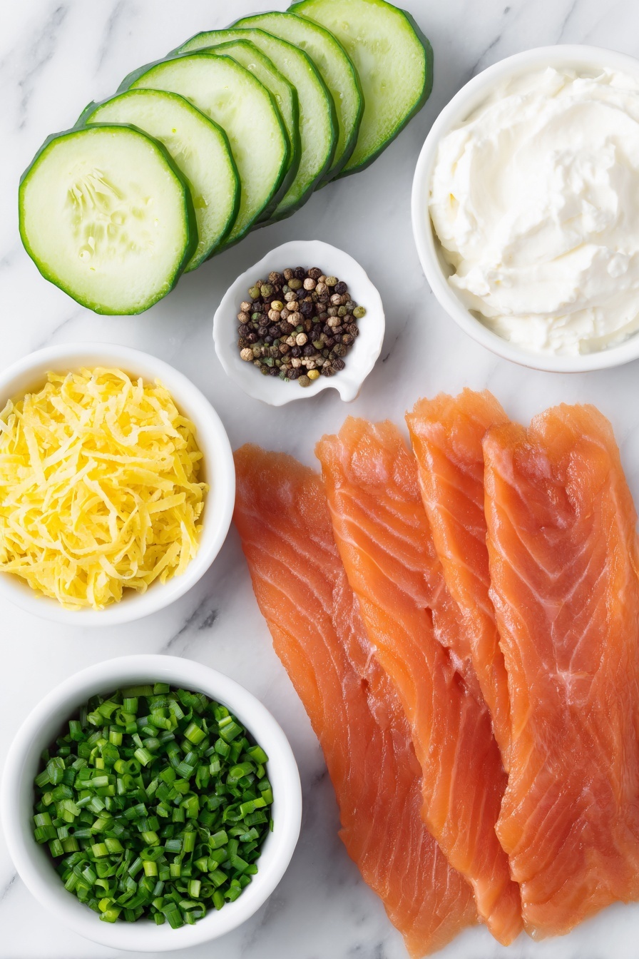 Smoked Salmon Cucumber Bites, smoked salmon appetizer, smoked salmon snack, easy appetizer recipes, healthy finger foods - Flat lay of a long cucumber sliced into thin rounds, delicate pieces of smoked salmon with a rich orange hue, a small white ceramic bowl of smooth cream cheese, finely minced pale green spring onion scattered beside a small white bowl of bright chopped chives, a tiny white bowl containing fresh yellow lemon zest, another small white bowl with pale yellow lemon juice, and a small mound of freshly cracked black pepper, all arranged in perfect symmetry and balanced proportions on a clean white marble surface, soft natural light, photo taken with an iPhone, professional food photography style, fresh ingredients, white ceramic bowls, no bottles, no duplicates, no utensils, no packaging --ar 2:3 --v 7 --p m7354615311229779997