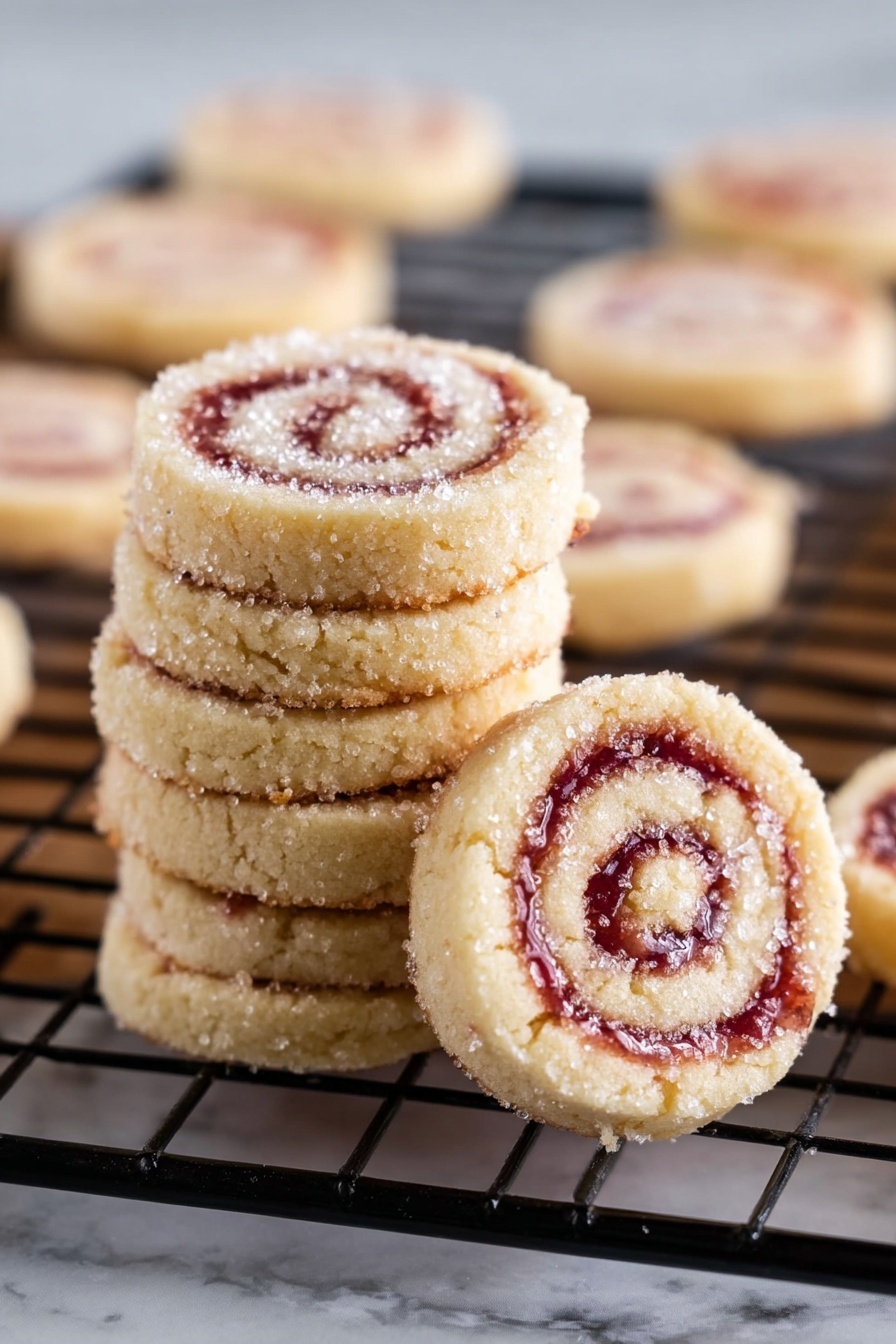 Raspberry Cream Cheese Pinwheel Cookies, easy cookie recipes, raspberry dessert ideas, no-bake cookie treats, party cookie recipes - The image shows a stack of six small round pinwheel cookies with swirls of light beige dough and pinkish-red jam in the center. The cookies are dusted with sparkling sugar crystals on top, giving a slightly rough texture. One cookie leans against the stack, revealing its spiral pattern clearly, while several more cookies are spread on a black wire cooling rack in the background. The cookies have a soft, slightly crumbly texture, and the scene is set on a white marbled surface. Photo taken with an iphone --ar 2:3 --v 7