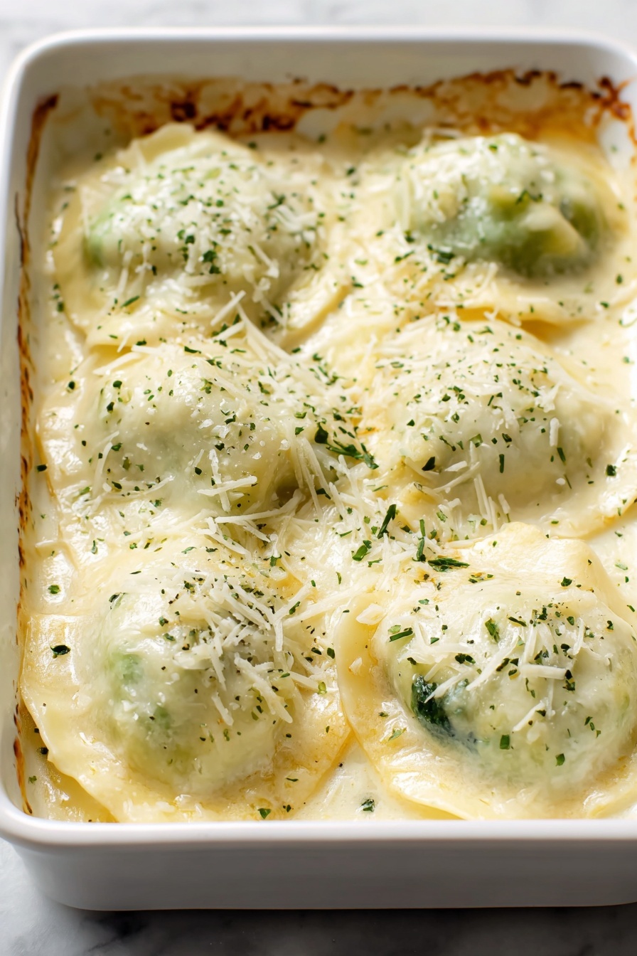 Chicken Alfredo Zucchini Roll-Ups, healthy zucchini roll-ups, creamy chicken zucchini wraps, low-carb Alfredo recipe, easy chicken zucchini appetizer - A white rectangular baking dish filled with six pieces of ravioli covered in a creamy, pale yellow cheese sauce. Each ravioli is plump and slightly puffy, with edges peeking through the sauce, showing soft green filling inside. The top is sprinkled with finely grated light yellow cheese and small green herb flakes, giving a fresh look. The sauce looks smooth and slightly thick, spread evenly all over the ravioli. The edges of the baking dish have a bit of golden brown crust. All of this is placed on a white marbled surface. Photo taken with an iphone --ar 2:3 --v 7