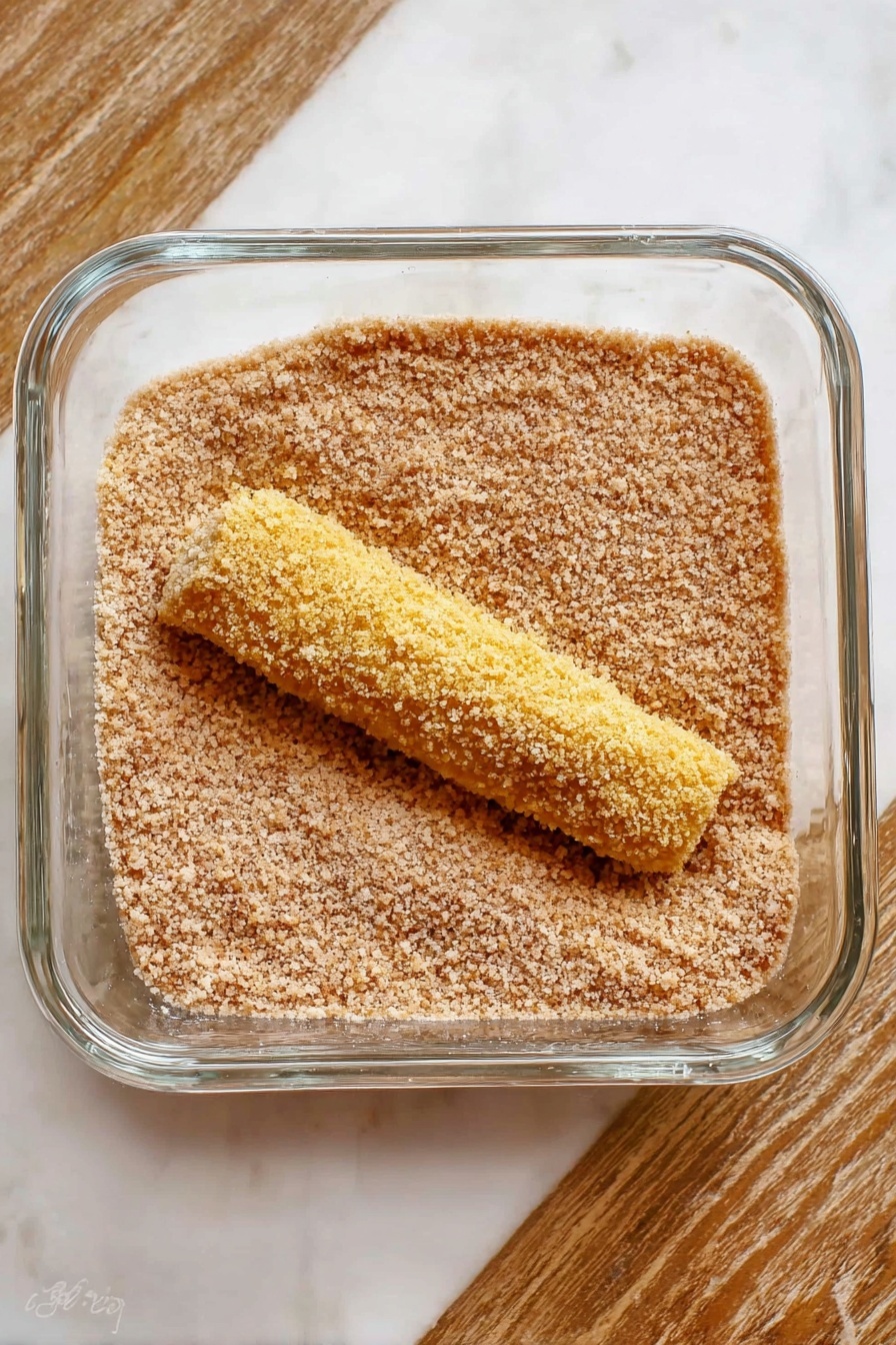 Cinnamon Roll French Toast Roll Ups, cinnamon roll breakfast ideas, easy French toast roll ups, cinnamon roll brunch recipes, sweet breakfast treats - A clear square glass container is filled with light brown breadcrumbs, creating a fine, grainy texture across the bottom. In the middle, a single, elongated food item coated in yellow batter rests partially covered by breadcrumbs, with a slightly rough texture from the coating. The scene is set on a white marbled surface, showing some wooden edge at the top. photo taken with an iphone --ar 2:3 --v 7