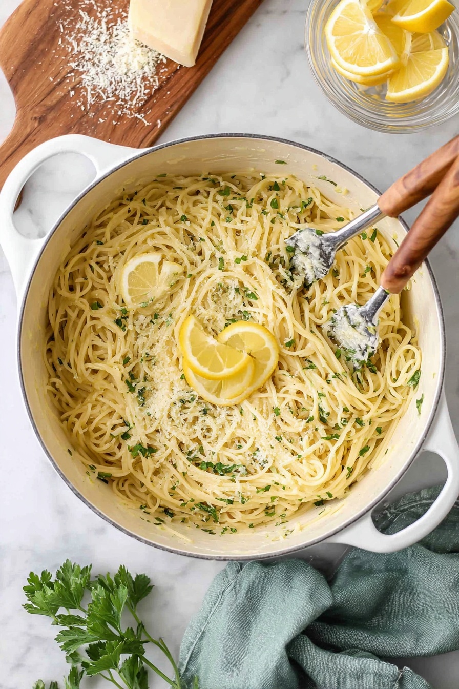 Lemon Pasta with Garlic and Parmesan, lemon pasta recipe, garlic parmesan pasta, quick lemon pasta, easy pasta dinner - A large white pot filled with thin spaghetti pasta coated in a light creamy sauce with small green herb bits scattered throughout, topped with three bright yellow lemon wedges placed on top and mixed in, with two wooden-handled utensils resting inside the pot lifting some pasta, set on a white marbled surface with a wooden cutting board holding a block of cheese and some grated cheese to the left, a few green parsley leaves nearby, and a small clear glass bowl containing two lemon wedges at the top right corner, a soft green cloth partially visible underneath the pot, photo taken with an iphone --ar 2:3 --v 7