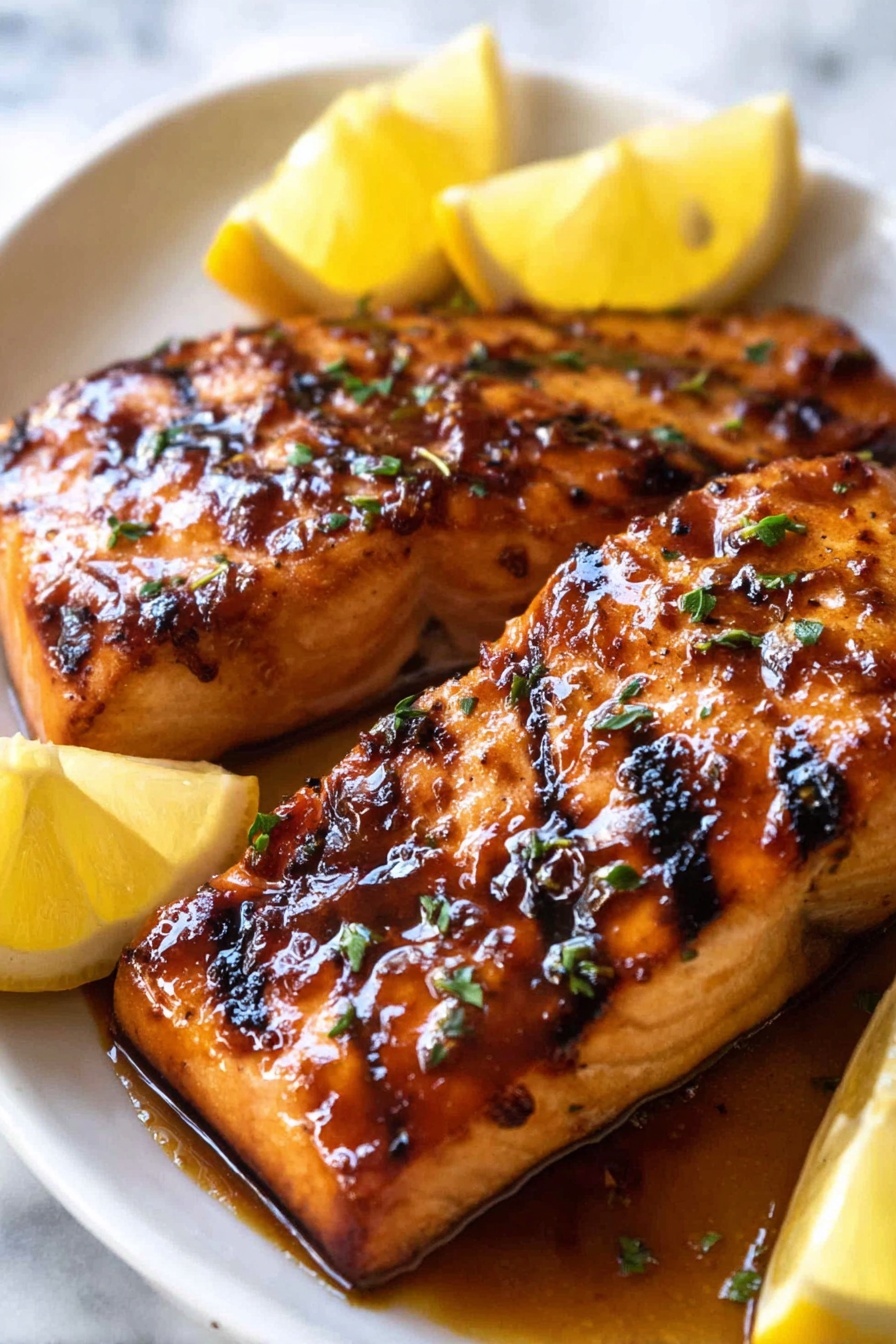 Grilled Salmon with Honey Soy Marinade, grilled salmon marinade, honey soy salmon recipe, easy grilled salmon, flavorful salmon dinner - The image shows two pieces of grilled salmon placed close to each other on a white plate with a white marbled surface in the background. Each salmon piece has a shiny, golden-brown glaze with some darker char marks and small bits of herbs visible on top. One piece is topped with a thin lemon slice, while the other piece has no topping. A woman's hand is holding a spoon above the salmon, pouring a thick, golden sauce over the fish, which creates a drip mid-flow. To the right side of the plate, a lemon wedge is placed, adding a yellow contrast. The overall look is rich and fresh, emphasizing the glazed texture and juicy appeal of the salmon photo taken with an iphone --ar 2:3 --v 7