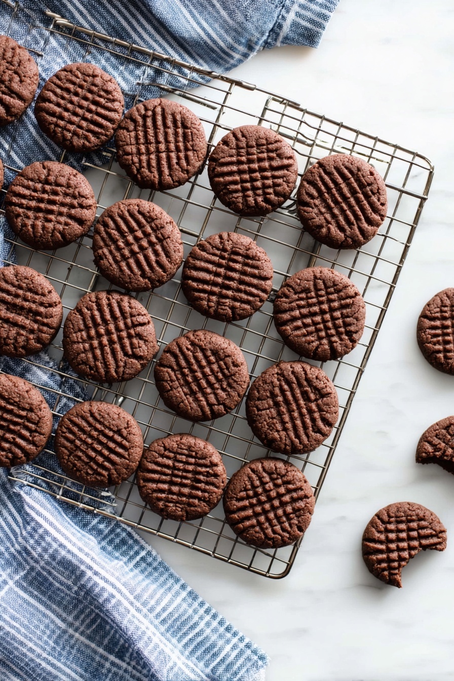 Chocolate Peanut Butter Cookies, Easy Chocolate Peanut Butter Cookies, Chewy Peanut Butter Cookies, Chocolate Cookies with Peanut Butter, Soft Peanut Butter Cookies - A metal wire cooling rack filled with two rows of small, round, dark brown chocolate cookies, each with a crosshatch pattern pressed into the top. Below and around the rack, a white marbled surface partly covered with a blue and white striped cloth is visible. A few cookies are scattered near the bottom right edge of the rack, with one cookie showing a bite taken out of it. The overall feel is warm and fresh from baking. photo taken with an iphone --ar 2:3 --v 7