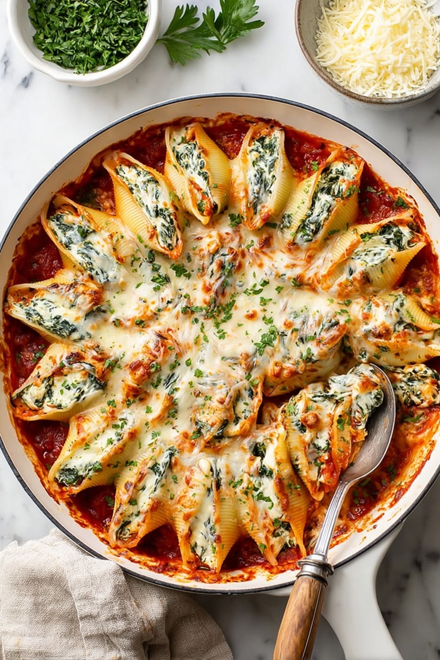 Stuffed Shells with Spinach and Cheese, Italian stuffed shells, cheesy spinach stuffed pasta, baked stuffed shells recipe, comfort food seafood? - A white bowl filled with a baked dish that has one layer of shells stuffed with cheese and small green spinach leaves inside. The shells are placed close together in a circular pattern, covered by melted white cheese with golden brown spots and some red tomato sauce visible between the shells. The dish is garnished with finely chopped green herbs on top. The bowl is on a white marbled surface. photo taken with an iphone --ar 2:3 --v 7
