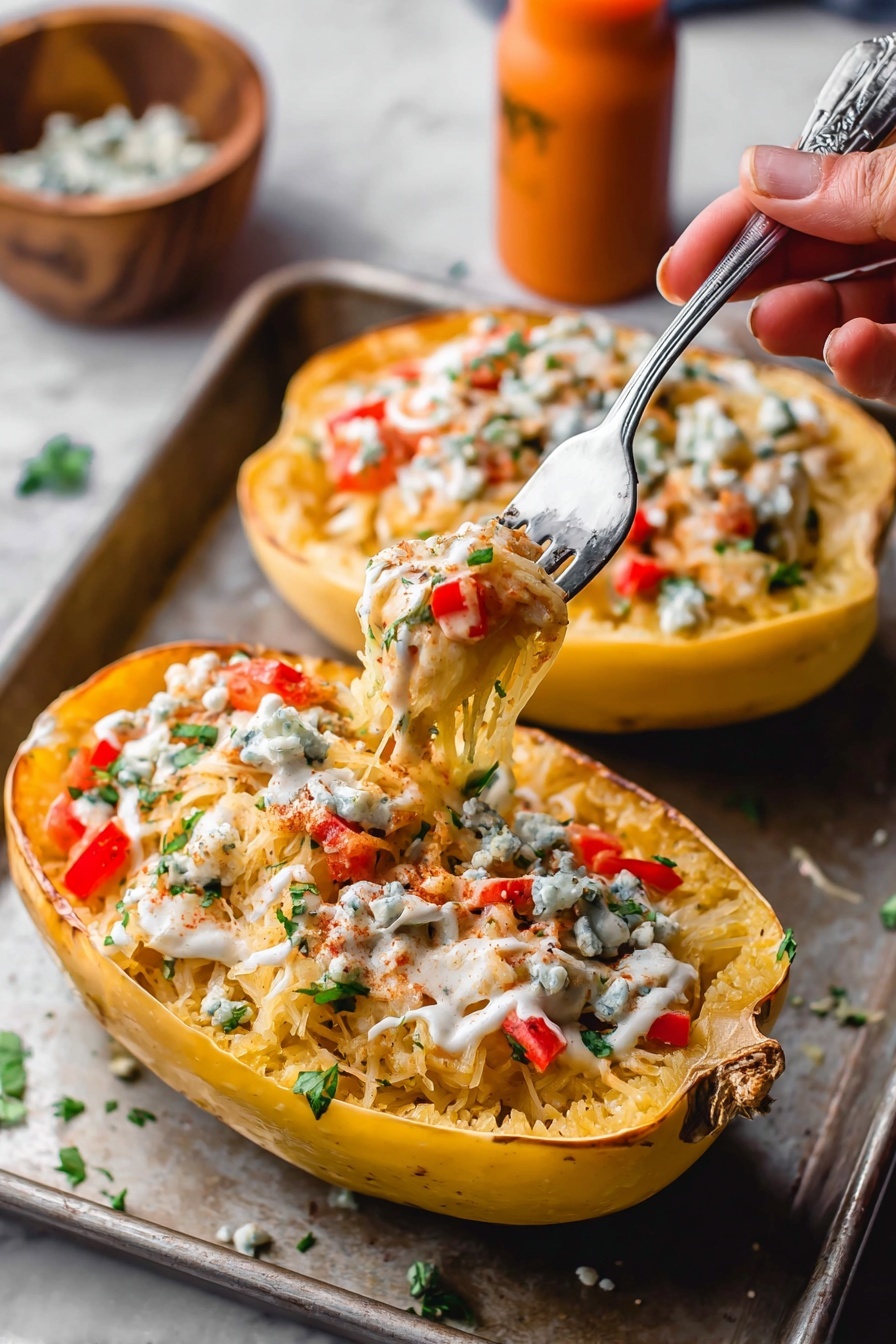 Buffalo Chicken Stuffed Spaghetti Squash, healthy buffalo chicken dinner, spicy spaghetti squash recipe, gluten-free stuffed squash, easy chicken squash recipe - The dish shows two halved spaghetti squashes filled with a colorful mix of shredded yellow cheese, orange chicken, and chopped red bell peppers, topped with a drizzle of white sauce and sprinkled black pepper. Fresh green herbs like cilantro and sliced green onions add a touch of green on top. The halves rest on a dark baking sheet with a few sauce drips around them, all set on a white marbled surface. The texture looks creamy and cheesy with some chunky pieces of vegetables. photo taken with an iphone --ar 2:3 --v 7
