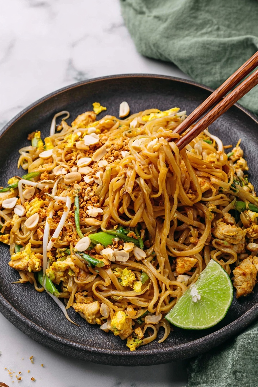 Easy Chicken Pad Thai, Thai chicken noodle dish, quick Pad Thai recipe, homemade chicken Pad Thai, simple Thai stir-fry - A dark round plate holds a pile of stir-fried noodles mixed with small pieces of light brown chicken and scrambled egg in yellow chunks. Bright green vegetable pieces are scattered throughout, with white sliced peanuts sprinkled on top. A wedge of lime rests on the side of the plate. A pair of wooden chopsticks lifts a twisted clump of noodles from the right side of the plate. The scene is set on a white marbled surface with a soft green cloth in the background. Photo taken with an iphone --ar 2:3 --v 7