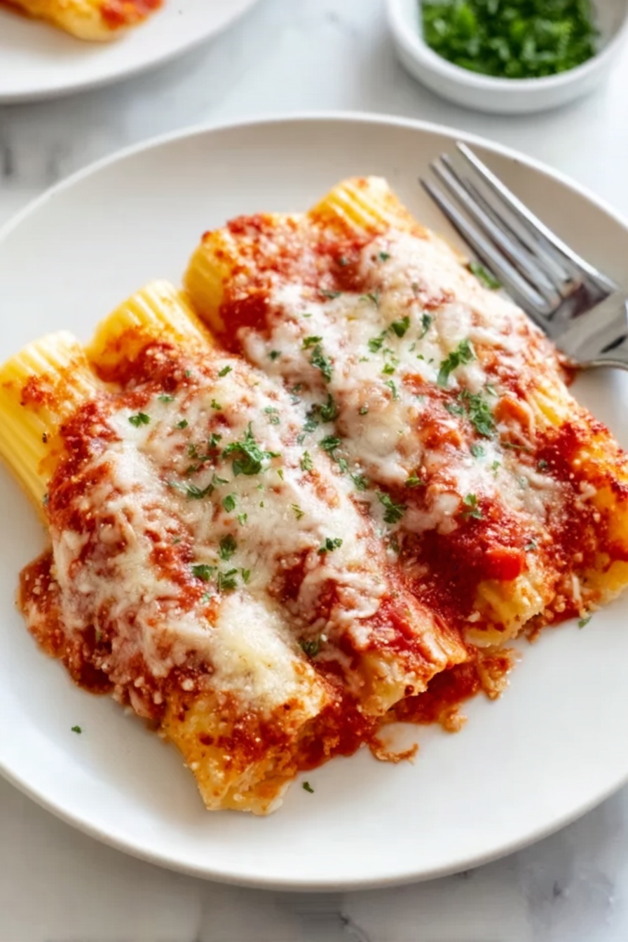 Easy Manicotti with Tomato Sauce, Italian manicotti recipe, cheesy stuffed pasta, quick Italian dinner, baked manicotti with tomato sauce - The image shows three stuffed pasta shells on a white plate, covered with melted white cheese and bright red tomato sauce. The pasta shells are golden yellow with a slightly textured surface, and the cheese is soft and bubbly with small patches of light brown where it has browned. The tomato sauce has a chunky texture with bits of tomato and herbs mixed in. Small green parsley flakes are sprinkled on top for color. Next to the plate, a silver fork rests on a white marbled tabletop. Photo taken with an iphone --ar 2:3 --v 7