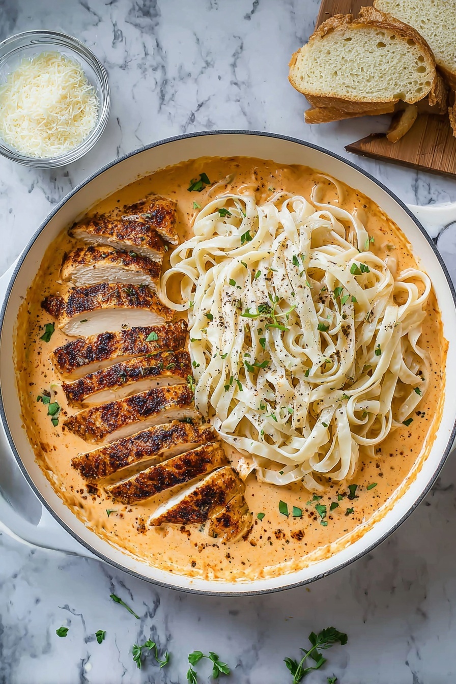 Creamy Cajun Chicken Pasta, Cajun Chicken Pasta, Easy Cajun Pasta, Creamy Chicken Pasta, Spicy Cajun Pasta - A white round pan filled with creamy orange sauce covers the bottom layer, topped with two sections of white fettuccine pasta, loosely piled with a smooth texture and sprinkled with black pepper. On the left side, sliced grilled chicken with a crispy, dark brown crust is layered neatly over the sauce. Small green herb leaves are scattered over the chicken and pasta for garnish. A small glass bowl with grated cheese sits nearby on a white marbled surface along with two slices of bread. Photo taken with an iphone --ar 2:3 --v 7
