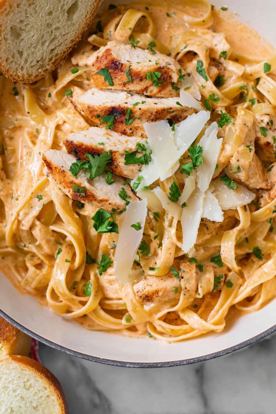 Creamy Cajun Chicken Pasta, Cajun Chicken Pasta, Easy Cajun Pasta, Creamy Chicken Pasta, Spicy Cajun Pasta - A white bowl filled with creamy fettuccine pasta covered in a light orange sauce, mixed with grilled sliced chicken pieces that have a golden brown outside. On top, there are scattered green parsley leaves and thin white shavings of cheese. The sauce looks smooth and well-coated around the thick pasta strands. The bowl sits on a white marbled surface with a slice of light bread partially shown at the bottom left corner. photo taken with an iphone --ar 2:3 --v 7
