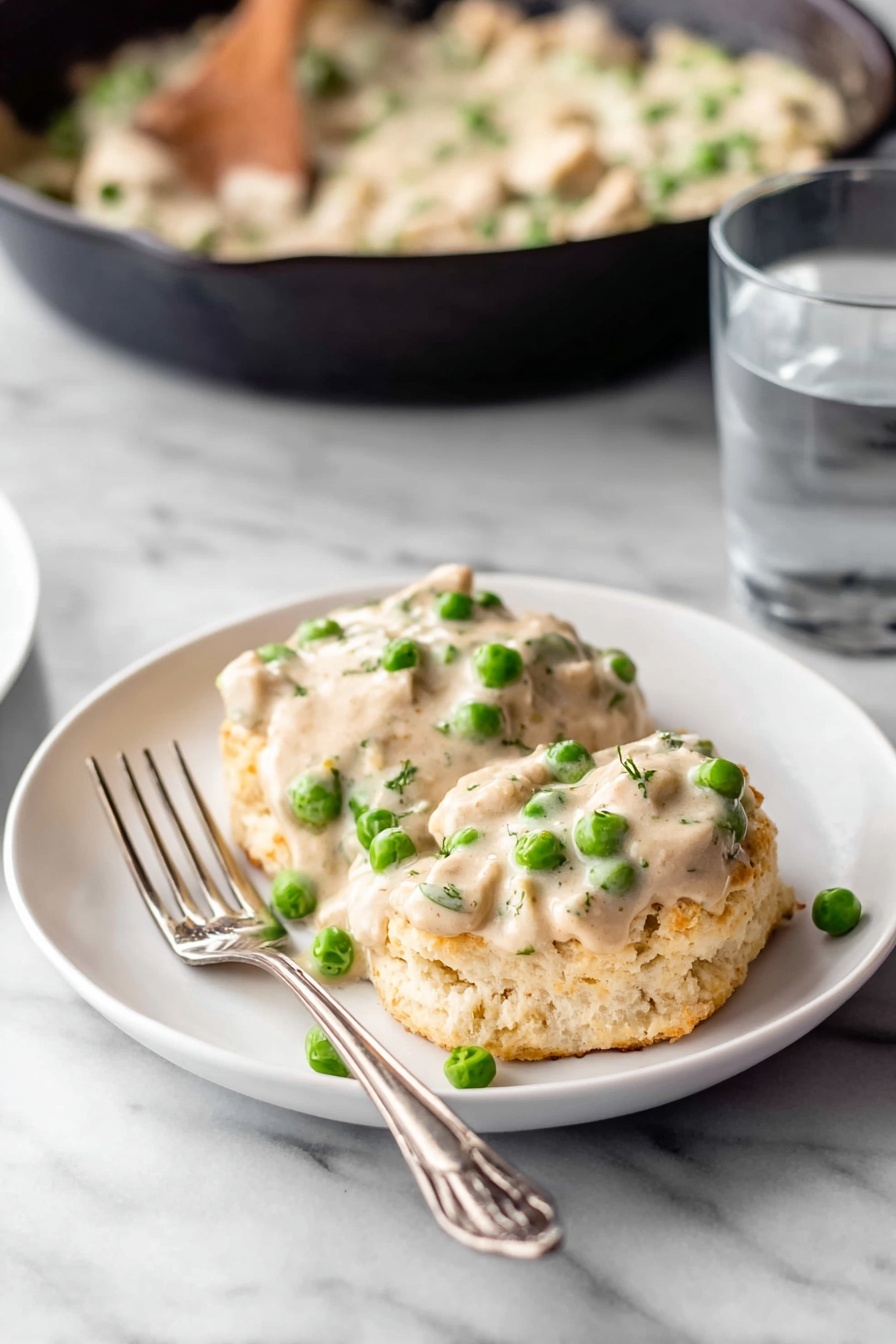 Creamed Chicken Over Biscuits, Creamed Chicken, Biscuits with Creamed Chicken, Comfort Food Recipes, Easy Chicken and Biscuits - A white plate holds a fluffy biscuit broken into two halves, with a creamy sauce covering both pieces. The sauce is thick and beige in color, mixed with bright green peas and small chunks of white meat, spread evenly over the biscuit. To the left side of the plate, there is a silver fork resting with the handle pointing outward. The plate sits on a white marbled surface. In the background, slightly blurred, there is a black skillet with more creamy sauce inside and a wooden spoon resting on it. To the right, a tall clear glass filled with water is visible. photo taken with an iphone --ar 2:3 --v 7