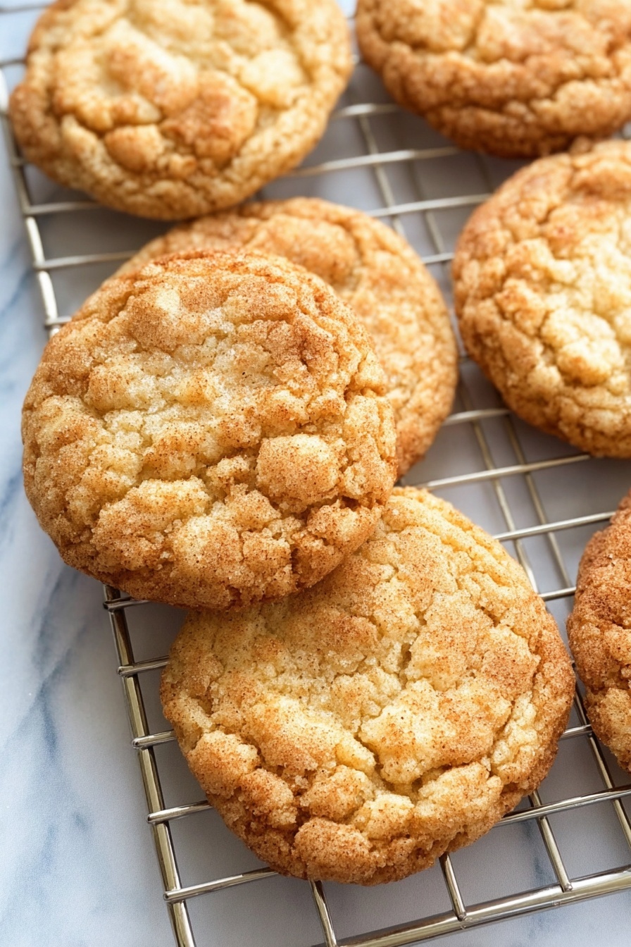 Peanut Butter Oatmeal Cookies, healthy peanut butter cookies, chewy oatmeal cookies, easy cookie recipes, nutty cookie treats - Several round cookies with cracked light golden-brown tops rest on a metal cooling rack. The cookies have a slightly uneven texture with some darker golden spots, showing a soft inside and a lightly crisp outside. The cooling rack is placed on a white marbled surface, and the cookies overlap each other slightly. Photo taken with an iphone --ar 2:3 --v 7