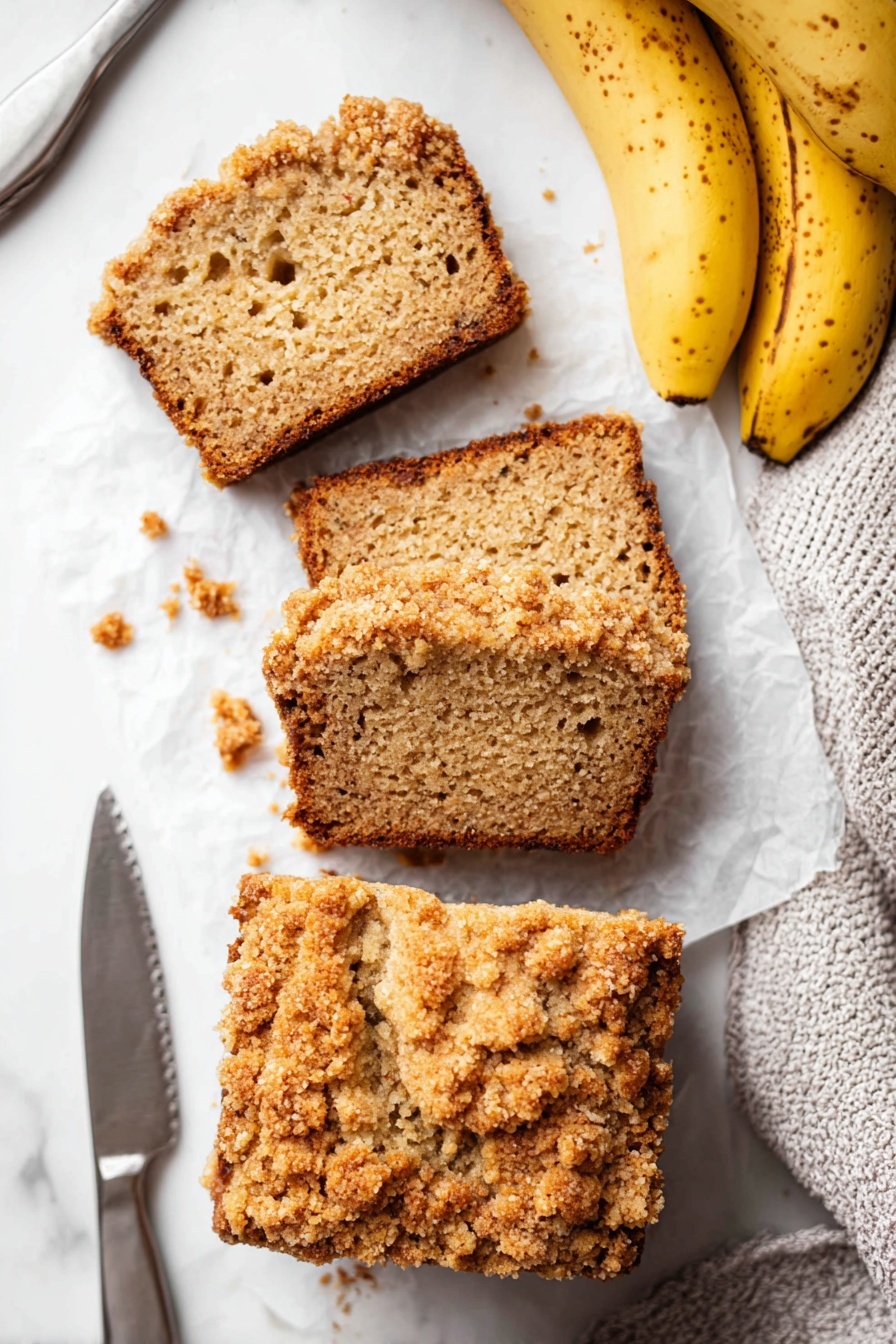 Whole Wheat Banana Bread with Cinnamon Crunch, healthy banana bread, whole wheat banana loaf, cinnamon banana bread, nutritious banana bread - The image shows slices of a crumbly brown cake with a rough texture. There are at least three slices visible, stacked unevenly on a white marbled surface with some crumbs scattered around. The cake looks dense with a slightly darker crust and a lighter brown inside. The background is softly blurred but shows a hint of yellow, possibly fruit. Photo taken with an iphone --ar 2:3 --v 7