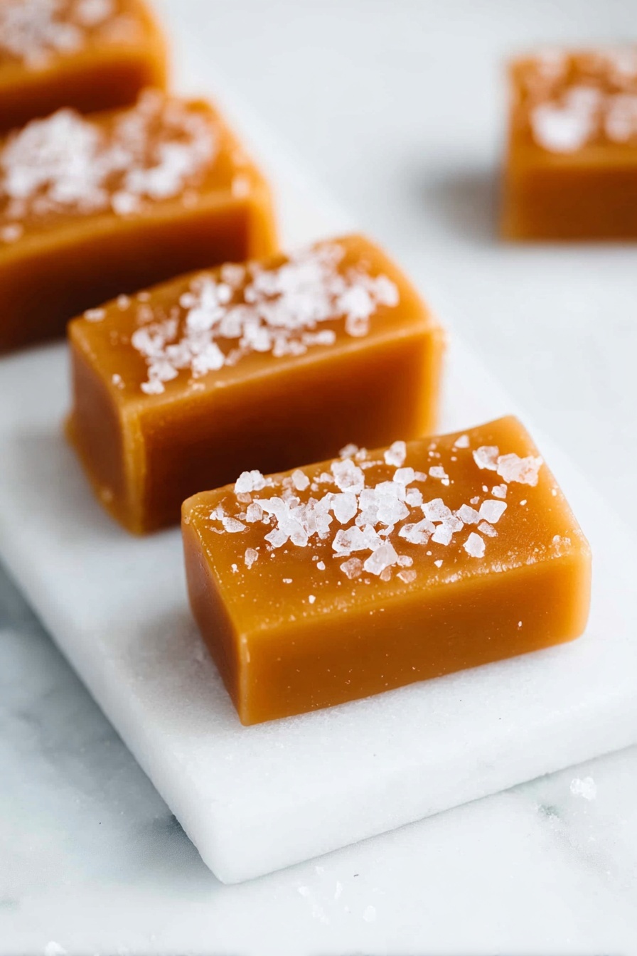 Homemade Salted Caramels, salted caramel recipe, easy caramel candies, homemade caramel treats, salted caramel dessert - The image shows two thick caramel squares placed on a small white marble slab, each topped with coarse sea salt flakes. The caramel has a smooth and shiny texture with a rich golden-brown color. The background is a soft, out-of-focus white marble surface that highlights the warm tones of the caramel and the delicate salt crystals on top. The overall look is clean and simple, focusing on the rich texture and color contrast between the caramel and salt. photo taken with an iphone --ar 2:3 --v 7