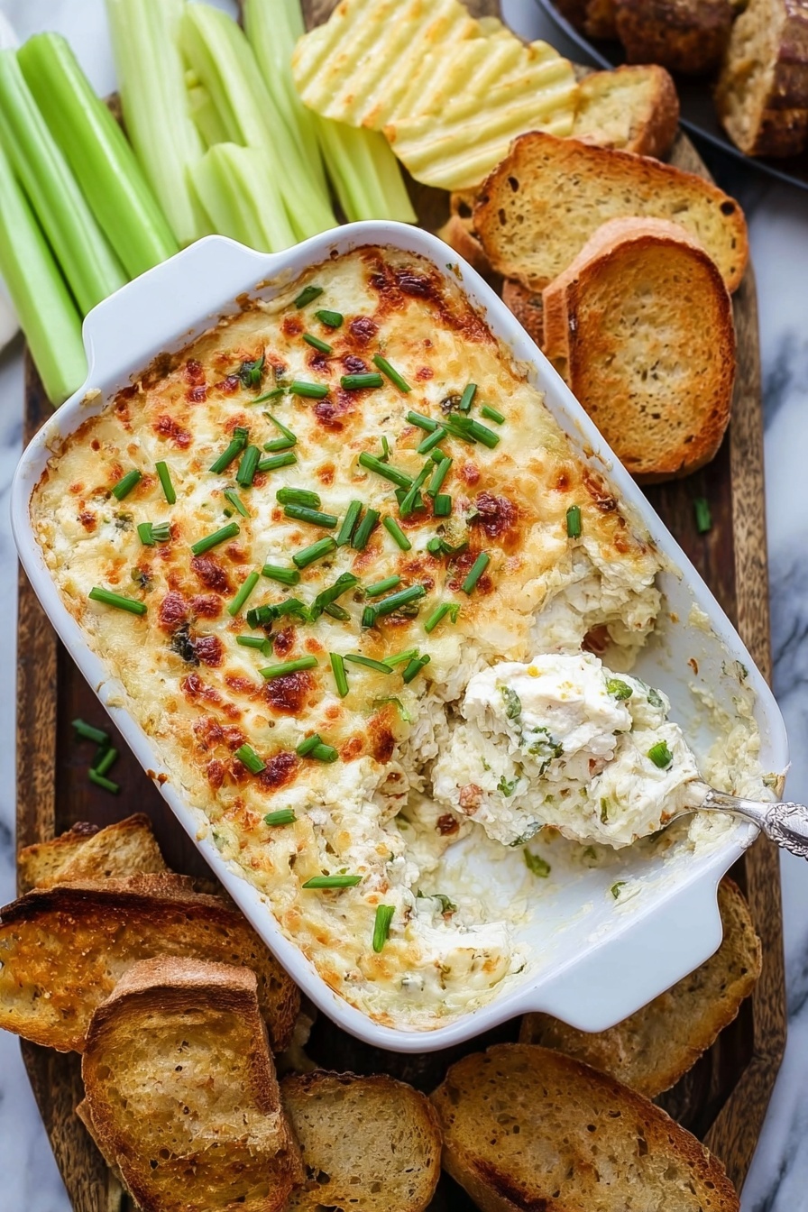 Baked Bacon Blue Cheese Dip, Bacon Blue Cheese Dip, Blue Cheese Dip Recipe, Creamy Bacon Appetizer, Easy Party Dip - A white rectangular baking dish filled with a creamy, baked cheese dip that is golden and slightly browned on top, sprinkled with chopped green chives. The dip shows a scoop taken out from the top right corner, revealing a thick, creamy inside with bits of darker ingredients mixed in. The dish is placed on a wooden board surrounded by crisp, golden-brown toasted slices of bread, light green celery sticks, and ridged potato chips that are pale yellow with some darker spots. The background is a white marbled surface. photo taken with an iphone --ar 2:3 --v 7
