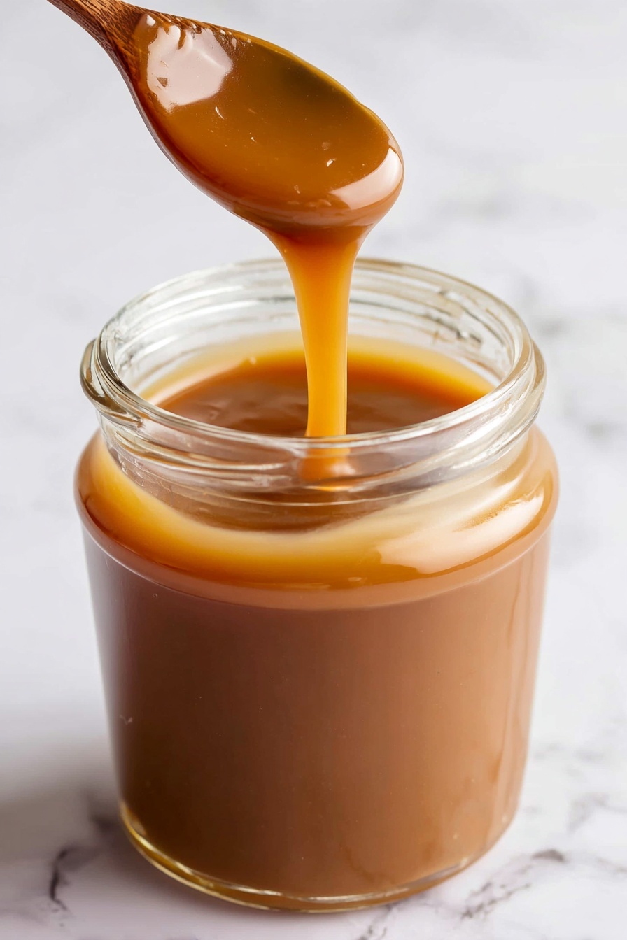 Homemade Caramel Sauce, easy caramel sauce, caramel topping recipe, how to make caramel from scratch, luscious caramel drizzle - A clear glass jar filled nearly to the top with smooth, shiny caramel sauce that has a rich golden brown color. A wooden spoon is held just above the jar, dripping thick caramel back into the jar, showing the sauce’s thick but flowing texture. The background and surface underneath are white with a subtle marbled look, making the warm caramel color stand out. photo taken with an iphone --ar 2:3 --v 7