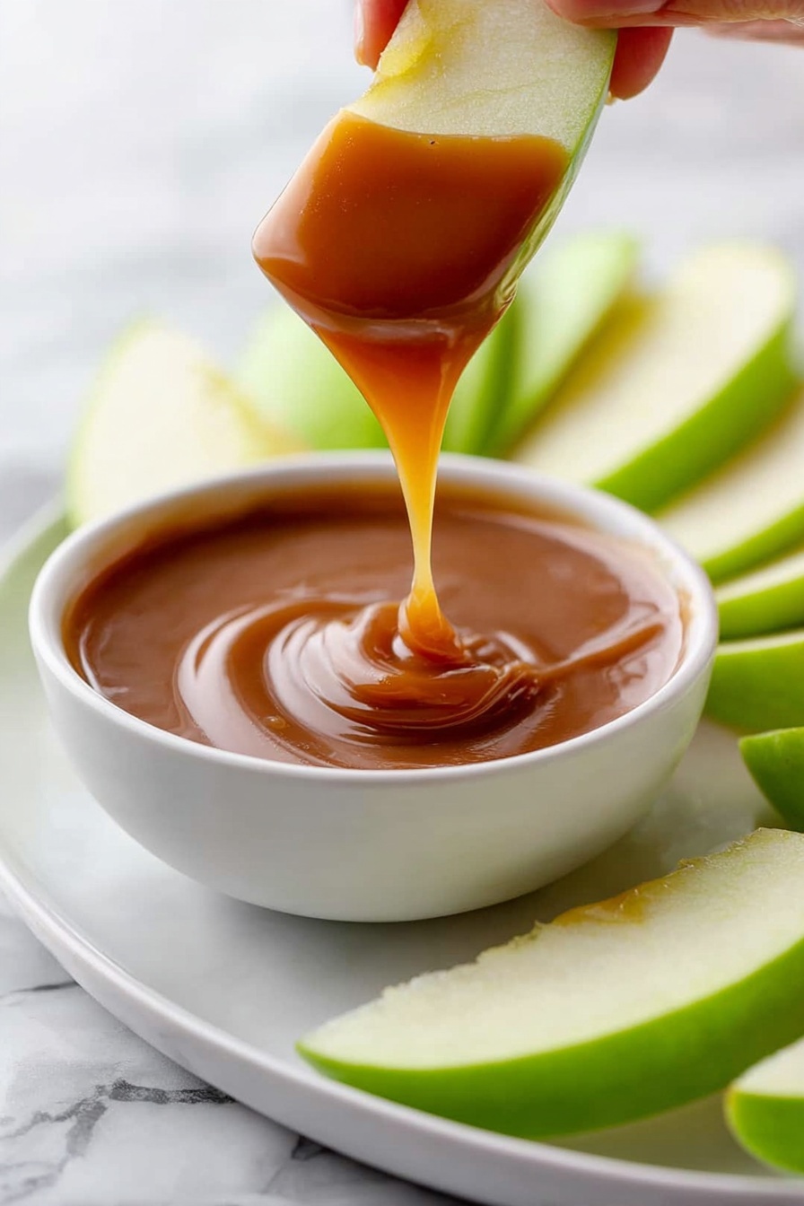 Homemade Caramel Sauce, easy caramel sauce, caramel topping recipe, how to make caramel from scratch, luscious caramel drizzle - A white bowl filled with shiny caramel sauce is in the center, with caramel dripping off a green apple slice being held by a woman's hand above it. Around the bowl, there are several green apple slices arranged in a fan shape on a white plate. The surface below is a white marbled texture. The caramel sauce looks smooth and thick, and the apple slices are fresh and crisp, showing their juicy inside. photo taken with an iphone --ar 2:3 --v 7