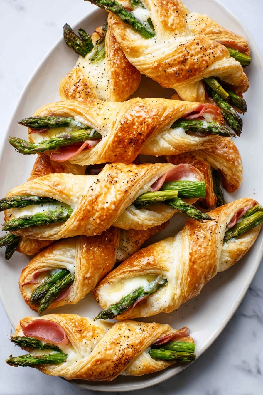 Asparagus Puff Pastry Bundles, asparagus appetizer, savory puff pastry appetizers, prosciutto and cheese puffs, asparagus tart parcels - The image shows a white oval plate full of golden brown puff pastry twists. Each twist has three to four bright green asparagus spears sticking out from the open ends. Inside the puff pastry, melted white cheese is visible, along with thin slices of pink ham peeking through. The pastry has a slightly shiny surface with small black pepper specks on top. The plate is placed on a white marbled surface, creating a clean contrast with the warm colors of the food. photo taken with an iphone --ar 2:3 --v 7
