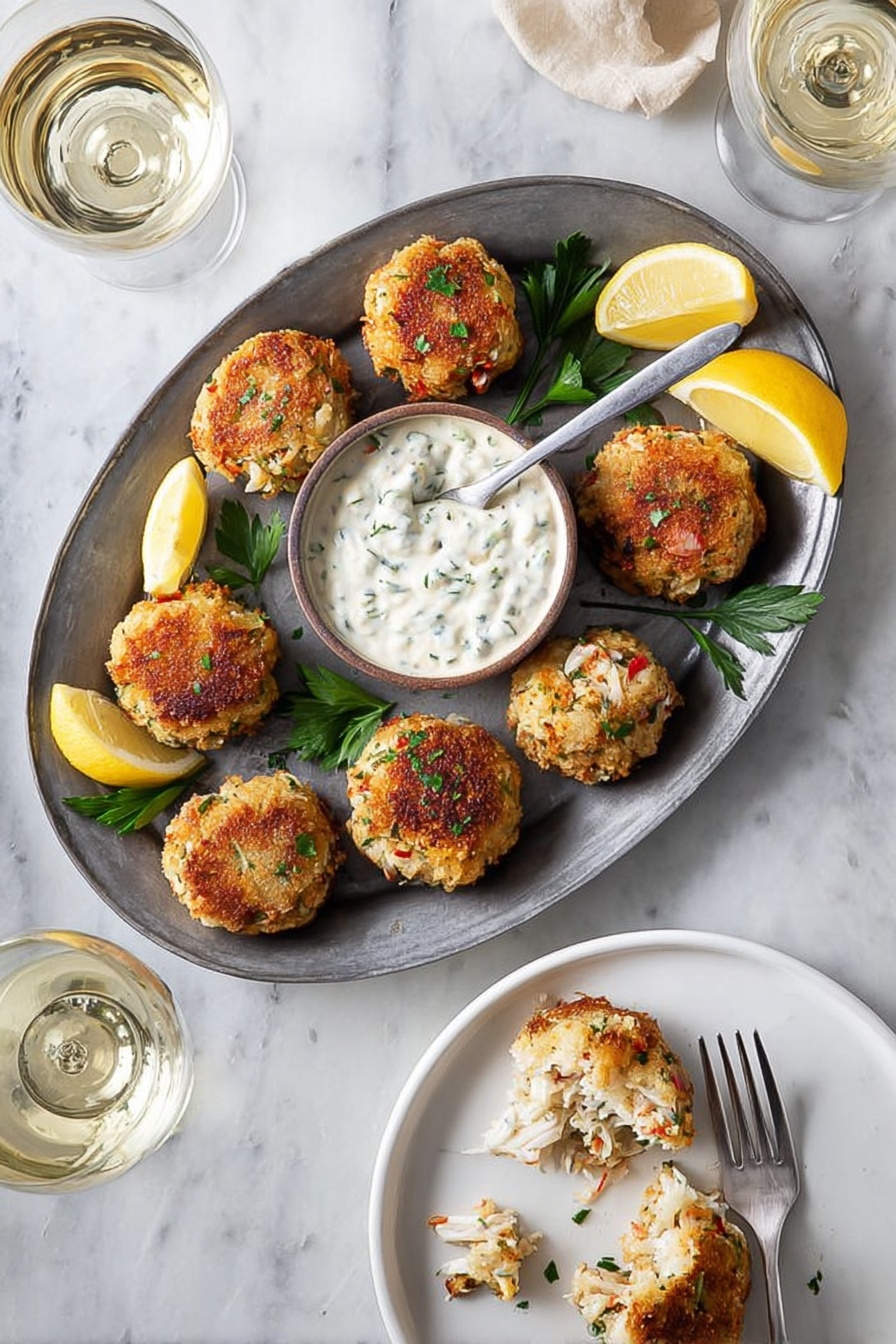 Crab Cake Poppers with Spicy Aioli, crab cake appetizers, spicy aioli dip, easy party snacks, seafood appetizer ideas - The image shows a gray metal oval plate on a white marbled surface holding eight golden-brown crab cakes with visible bits of red and green inside. In the center of the plate is a white bowl filled with a creamy white sauce with green herbs mixed in, and a spoon inside it. Lemon wedges and green parsley sprigs are placed around the plate for garnish. Next to this plate, on the bottom right, a white plate holds two crab cakes with some sauce on the side, and a fork cutting into one crab cake showing a light interior filled with crab meat and herbs. Two glasses of white wine are visible at the top left corner. Photo taken with an iphone --ar 2:3 --v 7