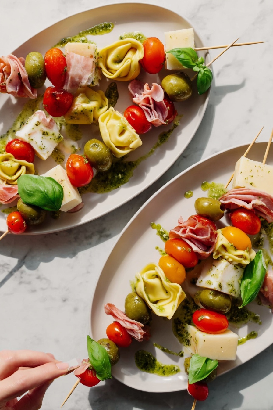 Antipasto Skewers with Tortellini and Cheese, antipasto skewers, easy appetizer ideas, summer party appetizers, no-cook snack recipes - The image shows white oval plates on a white marbled surface, each holding colorful food skewers. Each skewer has multiple layers starting with a green olive or cherry tomato followed by folded light pink cold cuts, a folded yellow tortellini pasta, a bright green basil leaf, a block of pale yellow cheese, and more cherry tomatoes. Some green sauce is drizzled on the white plates around the skewers, and a woman's hand is reaching to pick one from the lower plate. The scene is bright and clean with vivid colors on a simple white marble background photo taken with an iphone --ar 2:3 --v 7
