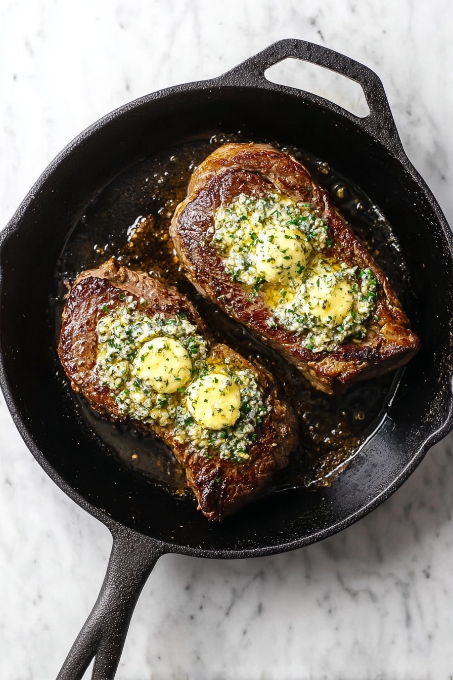 Herbed Garlic Butter Beef Tenderloin, beef tenderloin recipes, garlic herb butter roast, elegant beef dinner, easy gourmet beef dish - Two cooked steaks rest inside a black cast iron pan placed on a white marbled surface. Each steak has a seared brown exterior with a slightly crisp texture on top. Generous dollops of melted herb butter, yellow with bits of green herbs, sit on each steak, spreading slightly and adding a creamy contrast to the rich meat. The pan has a handle to the right and shows some cooking marks and oils around the steaks. Photo taken with an iphone --ar 2:3 --v 7